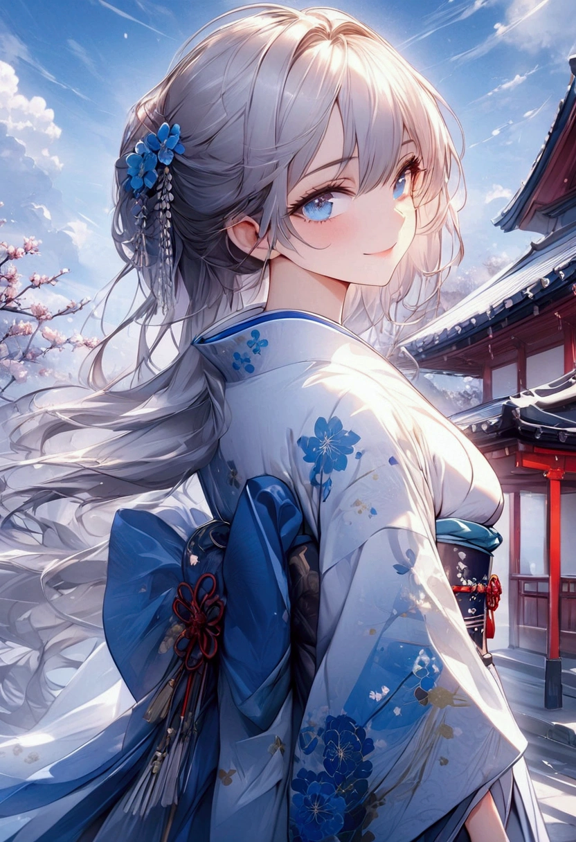 (( masterpiece fails)),((( better quality ))) background of the highest quality ,  very detailed ,  masterpiece fails,  top quality, girl 25 ,  blue long hair in a coma from behind ,  with one white lock of hair on her face ,  nice blue eyes , playful smile,  dressed in a Japanese dress in white with blue clouds on the dress,  white stockings with blue clouds on stockings , standing almost full length in town 