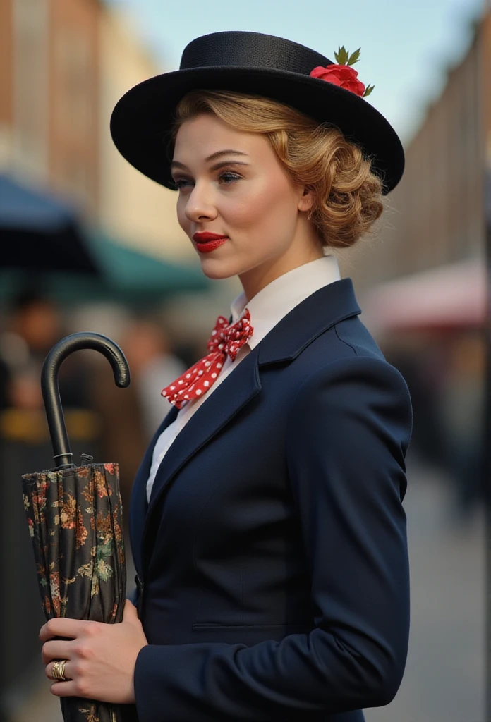 Create a realistic and sexy depiction of Scarlett Johansson as Mary Poppins. She is wearing a tailored navy-blue coat with a fitted waist and flared hem, buttoned neatly over a crisp white blouse with a red and white polka-dot bow tie at the collar. She holds a black umbrella with a parrot-shaped handle in one hand and an intricately patterned vintage carpet bag in muted tones in the other. Her short, wavy blonde hair is styled neatly beneath a black straw boater hat adorned with a small red flower and delicate berries. Her makeup is classic, with rosy cheeks and soft red lipstick, complementing her warm, refined look. The background is an Edwardian London street scene, softly lit to evoke a magical and nostalgic atmosphere



