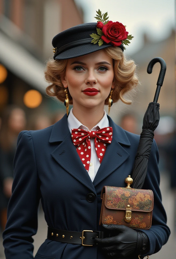 Create a realistic and sexy depiction of Scarlett Johansson as Mary Poppins. She is wearing a tailored navy-blue coat with a fitted waist and flared hem, buttoned neatly over a crisp white blouse with a red and white polka-dot bow tie at the collar. She holds a black umbrella with a parrot-shaped handle in one hand and an intricately patterned vintage carpet bag in muted tones in the other. Her short, wavy blonde hair is styled neatly beneath a black straw boater hat adorned with a small red flower and delicate berries. Her makeup is classic, with rosy cheeks and soft red lipstick, complementing her warm, refined look. The background is an Edwardian London street scene, softly lit to evoke a magical and nostalgic atmosphere



