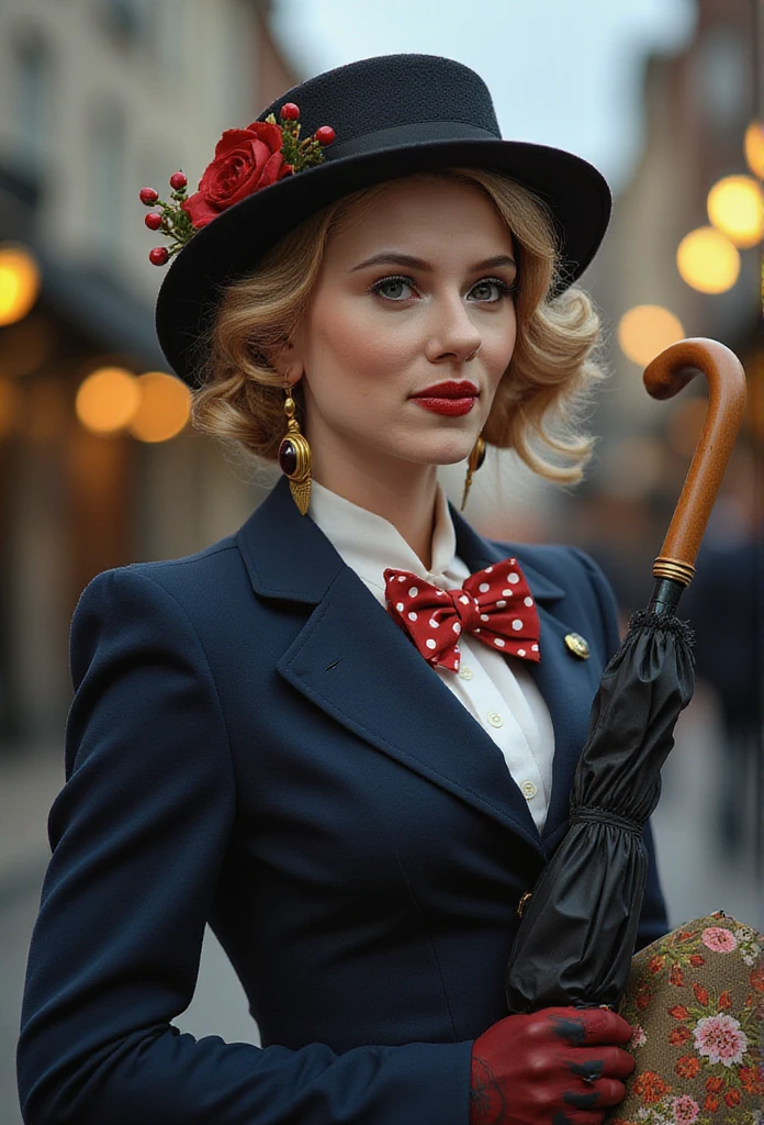 Create a realistic and sexy depiction of Scarlett Johansson as Mary Poppins. She is wearing a tailored navy-blue coat with a fitted waist and flared hem, buttoned neatly over a crisp white blouse with a red and white polka-dot bow tie at the collar. She holds a black umbrella with a parrot-shaped handle in one hand and an intricately patterned vintage carpet bag in muted tones in the other. Her short, wavy blonde hair is styled neatly beneath a black straw boater hat adorned with a small red flower and delicate berries. Her makeup is classic, with rosy cheeks and soft red lipstick, complementing her warm, refined look. The background is an Edwardian London street scene, softly lit to evoke a magical and nostalgic atmosphere



