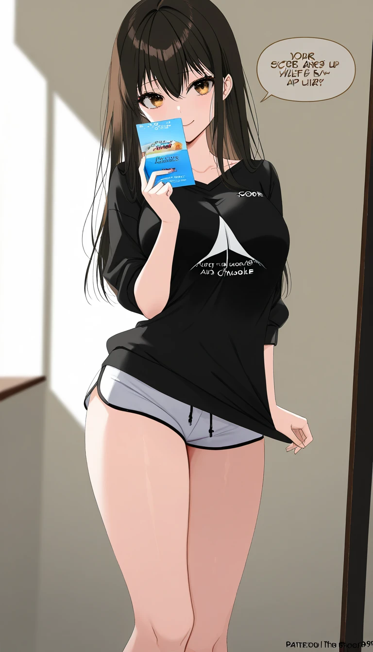  Selfie of a beautiful indigenous Brazilian woman smiling,(  Your eyes are brown  )And the long, straight black hair . The skin as dark as chocolate , the perfect hands .She wears a plain black shirt and pink dolphin shorts , exposed thighs,is standing ,( bottom angle ))),     thick thighs  ,Its anatomy is perfect, Photogenic,  high definition  ,  dramatic lighting ,     high definition     , detailed Alta qualidade,   masterpiece  ,detailed. lower angle  
