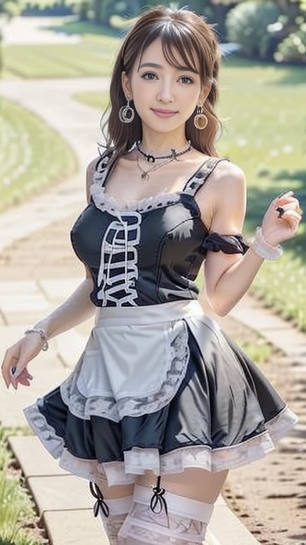 full body shot, from below,  Japanese woman with a viewing angle of, 100 years old,  detailed face , Facial wrinkles, Wrinkles around the eyes, smile,  Detailed Skin Textures ,  white skin,  heavy makeup ,  long hair, (curvy body, saggy breasts,  plump thighs), (earrings,  necklace, m4id0utf1t, mini skirt:1.2), ( is wearing black high heels:1.2), ( standing in the park,  photograph the whole body from toe to head:1.2), (surrealism, best quality, ultra detailed, absolutely resolution, 8k, anatomically correct), depth of field, looking at viewer, tachi-e, (kz:1.2), (1woman), full body,  detailed face 
