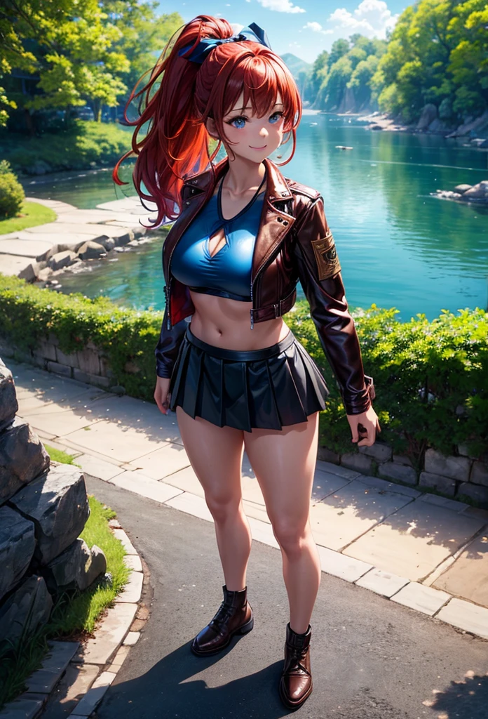 Garota anime ruiva usando black leather jacket and blue leather pants, 16 anos, corpo bonito, botas pretas, bota de couro, seios grandes, with one hand on her waist and hand in her hair, hand on hip, hand in her hair, garota sexy, red hair with braid, gorgeous lighting, sombras suaves, olhos azuis, pernas bonitas, hair with braid, estilo anime, Ranma Chan, Autora Rumiko Takahashi, Baseado em obra de Rumiko Takahashi, Anime Ranma 1/2, seios grandes, decote sexy, quadril robusto, corpo inteiro, corpo inteiro, Seios lindos, garota jovem com corpo belo e bonito, botas pretas, bota de couro, black leather jacket and blue leather pants, blusa branca por baixo, garota anime sexy, garota 16 jovem 