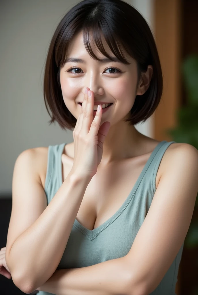  1 girl, alone,  high definition , chest ,  anatomically correct, Japanese wife 、45 years old、short hair、Laughing/ good laugh, Cover your mouth with something, 