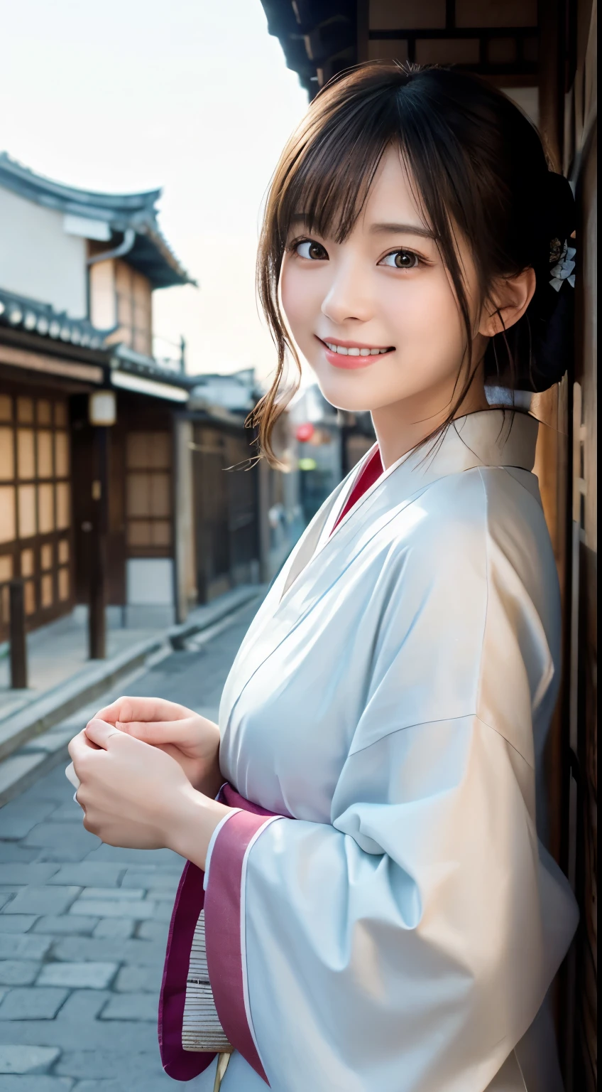 Professional Lighting,(Photorealistic:1.4), (Top image quality:1.0), (超A high resolution:1.0), 8k, Raw photography, (masterpiece:0.2), (Facing the children_v1:0.5)、(最高quality Detail:1.2)、Realistic、8K Ultra HD、High resolution、(1 girl:1.2)、超detailedな、High quality textures、複雑なdetailed、detailed、Very detailed CG、High quality shadows、detailed 美しく繊細な顔、Beautiful details and a delicate eye、(Symmetrical eyes:1.2),Written boundary depth、Ray Tracing,1 girl, Japanese Girls, (Natural smile:1.4),cute, thin, Portrait of a beautiful Japanese woman in a kimono, Standing elegantly on a street corner in Kyoto. Kimono with vibrant traditional patterns, Hair decorated with elegant and delicate hairpins, Gentle expression. (With the old streets of Kyoto in the background:1.4)、The soft light of a spring afternoon、Adding tranquility to the scene. Rendered in a Realistic style with great attention to detail, High resolutionの画像.Sky Porn, Magic Hour, (Realistic:1.3), finely, quality, (Tabletop:1.2), (Realistic:1.2), (最高quality), (複雑なdetailed), dramatic, Ray Tracing, photograph, +roller