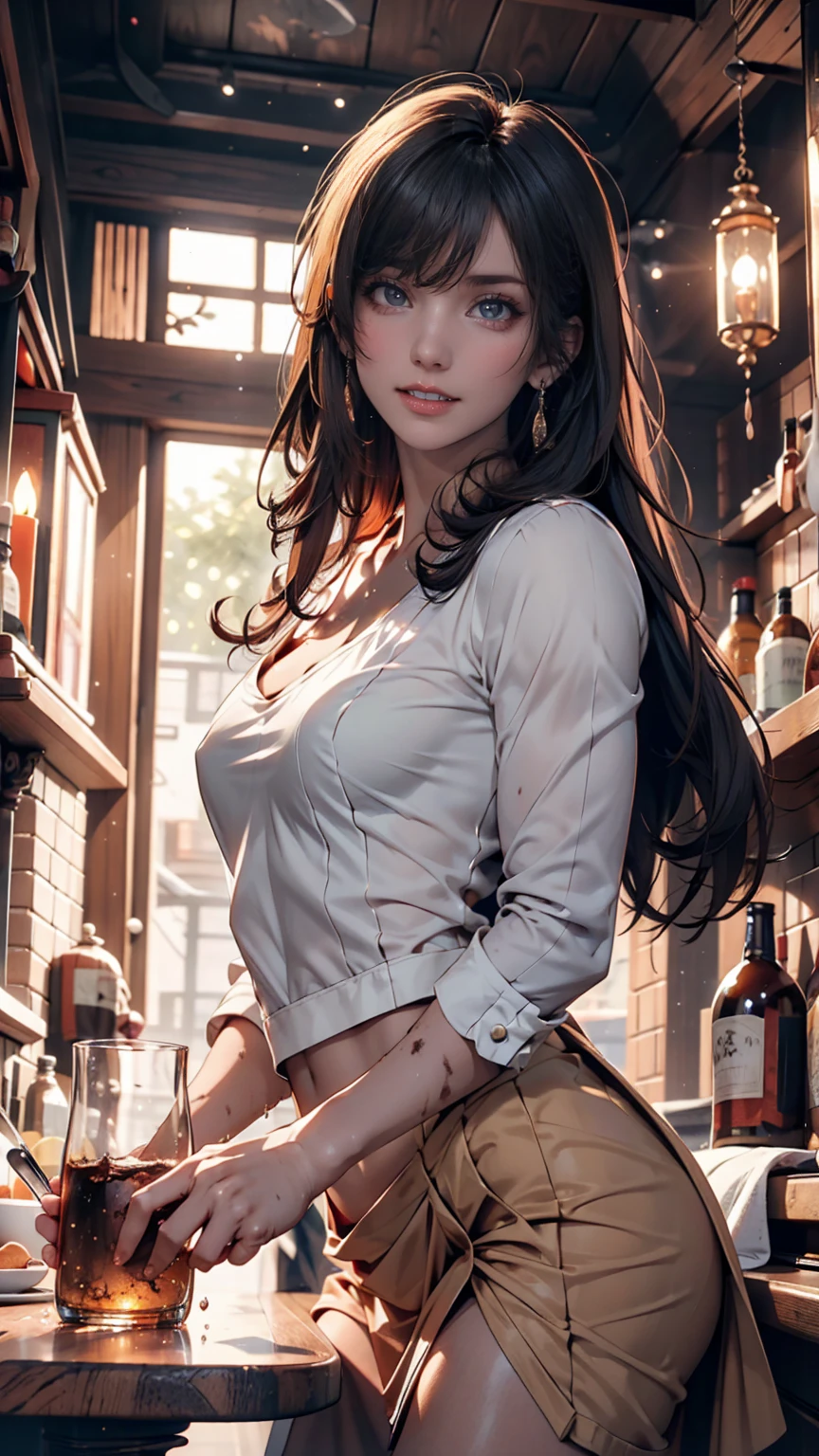 (masterpiece), best quality, expressive eyes, perfect face, (tavern background), (standing), (smirk), (closeup view), (1girl, vanessa alessia, dark skin, tanned skin, brown hair, wavy hairstyle, brown eyes, hourglass figure, thin body, skinny body, petite_body, medium breasts, thick thighs, long fingernails, white front lace blouse, long sleeve, loose fit, brown leather corset, brown leather shorts, brown boots, sheathed cutlass sword, flintlock pistol in holster, hoop earrings, miscellaneous jewelry), big breasts, stripping, elegant makeup, exhibitionism, naked in public, , slim thighs, toned body, shiny skin, sexy pose,narrow hips, wearing high hip thong and see-through top, amber eyes, (((girl stripping on table))) extendeddownblouse_v10