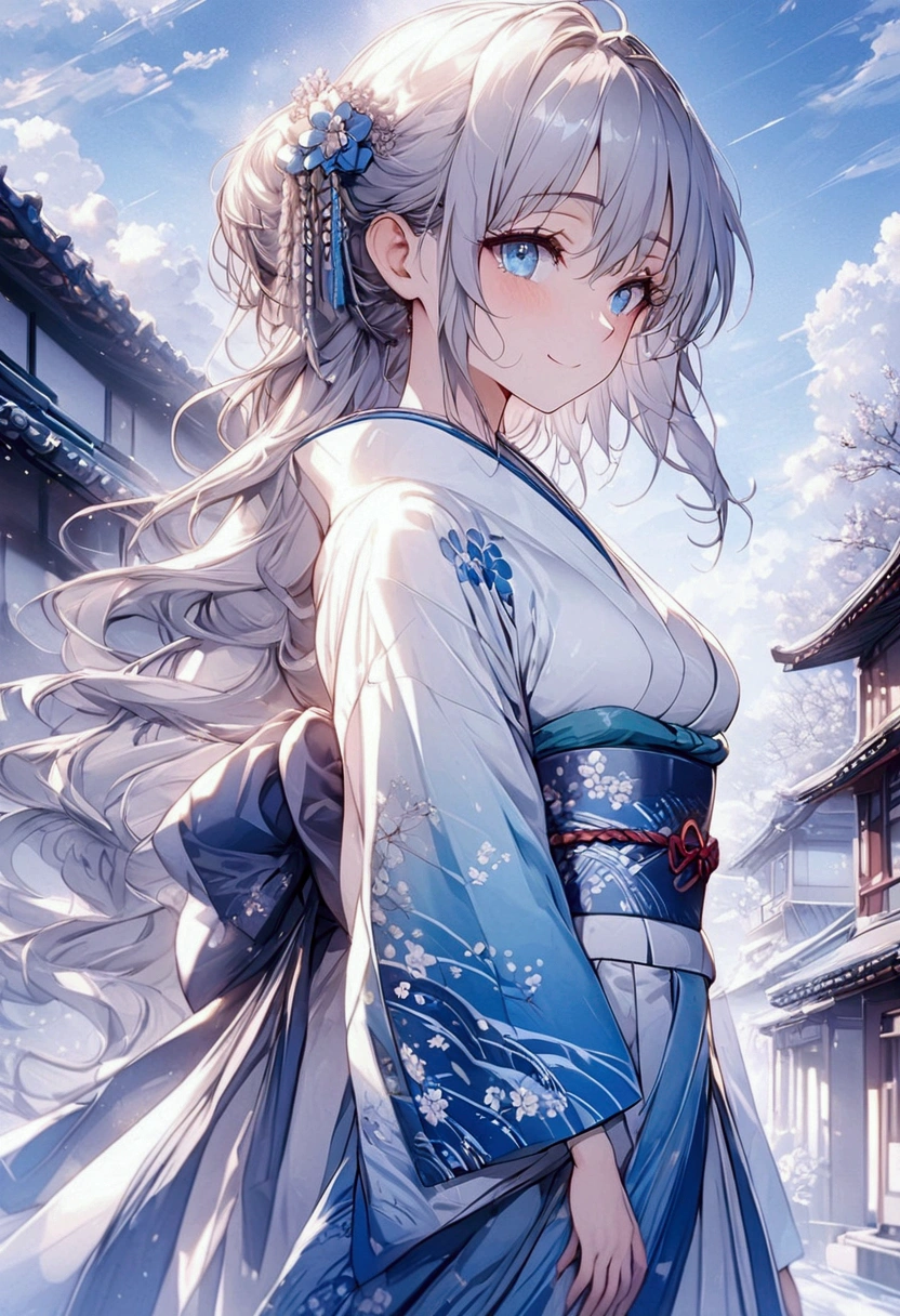 (( masterpiece fails)),((( better quality ))) background of the highest quality ,  very detailed ,  masterpiece fails,  top quality, girl 25 ,  blue long hair in a coma from behind ,  with one white lock of hair on her face ,  nice blue eyes , playful smile,  dressed in a Japanese dress in white with blue clouds on the dress,  white stockings with blue clouds on stockings , standing almost full length in town 