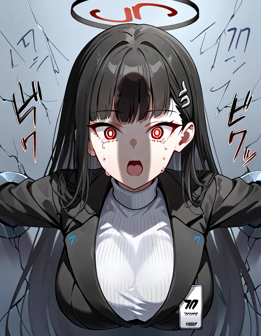 score_9, score_8_up, score_7_up, score_6_up, score_5_up, score_4_up,source_anime,  1girl, solo,  (Rio \(blue archive\), black hair, red eyes, ringed eyes, white pupils, hairclip, halo, black jacket, white turtleneck sweater), large breast, scared expression, (wide eyed:1.2) , crying, shaded , shippshadow, penis shadow, 1boy, silhouette, penis awe,, (glory wall:1.4),through wall, stationary restraints, (upper body:1.3), restrained, stuck,  (movement lines:1.2), (impact lines:0.8), (extremely moaning:1.2),   front view