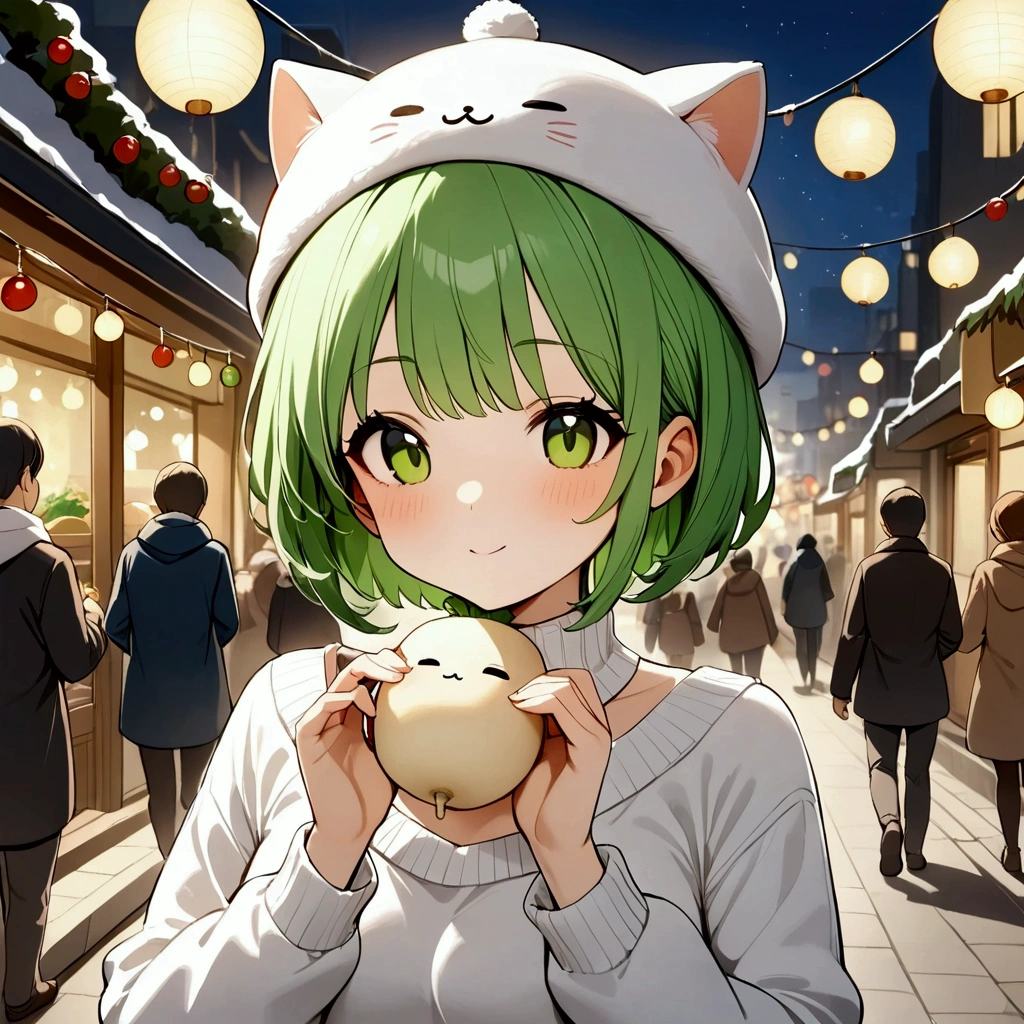 masterpiece,a cute girl( bright green hair, short hair,girl knitting cat ear knitted hat ,girly winter outfit ）, she is with a daikon character(a Japanese white radish character that has leaves), Christmas Illuminations ,busy street