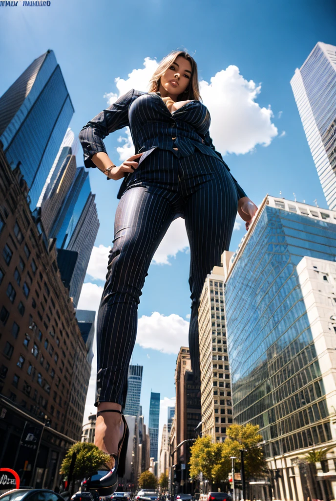 Giantess art, 100 miles tall giga giantess, sophisticated and stylish woman in a light black italian pinstriped trouser suit, form fitting crisp white office shirt, and a large wide red necktie in a windsor knot, with a beautiful, curvaceous figure, large natural breasts, and long wavey blonde hair, with a curvaceous figure and massive breasts. wearing red rounded court high heels with uncovered feet and standing, rampage-like pose, with a cityscape background of mega-city, urban sprawl, and small towns, partially obscured by a hazy, cloudy atmosphere. The image is a high-resolution, masterpiece-quality, cinematic, ultra-detailed, and hyper-photorealistic photograph, with perfect hands, face, and lighting. ultra-detailed, 8K, photo-realistic, hyper-realistic, masterpiece, intricate details, full body view. Looking at camera, The image is a high-resolution, masterpiece-quality, cinematic, ultra-detailed, and hyper-photorealistic photograph, with perfect hands, face, and lighting. ultra-detailed, 8K, photo-realistic, hyper-realistic, masterpiece, intricate details, full body view, view from below