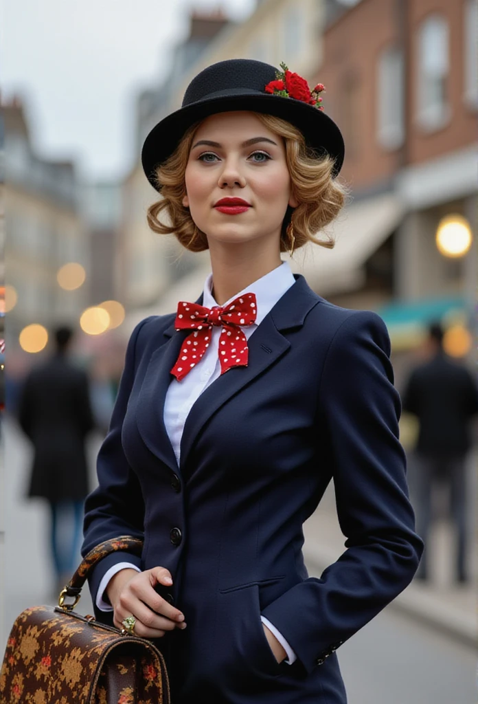 Create a realistic and sexy depiction of Nancy Ace as Mary Poppins. She is wearing a tailored navy-blue coat with a fitted waist and flared hem, buttoned neatly over a crisp white blouse with a red and white polka-dot bow tie at the collar. She holds a black umbrella with a parrot-shaped handle in one hand and an intricately patterned vintage carpet bag in muted tones in the other. Her short, wavy blonde hair is styled neatly beneath a black straw boater hat adorned with a small red flower and delicate berries. Her makeup is classic, with rosy cheeks and soft red lipstick, complementing her warm, refined look. The background is an Edwardian London street scene, softly lit to evoke a magical and nostalgic atmosphere



