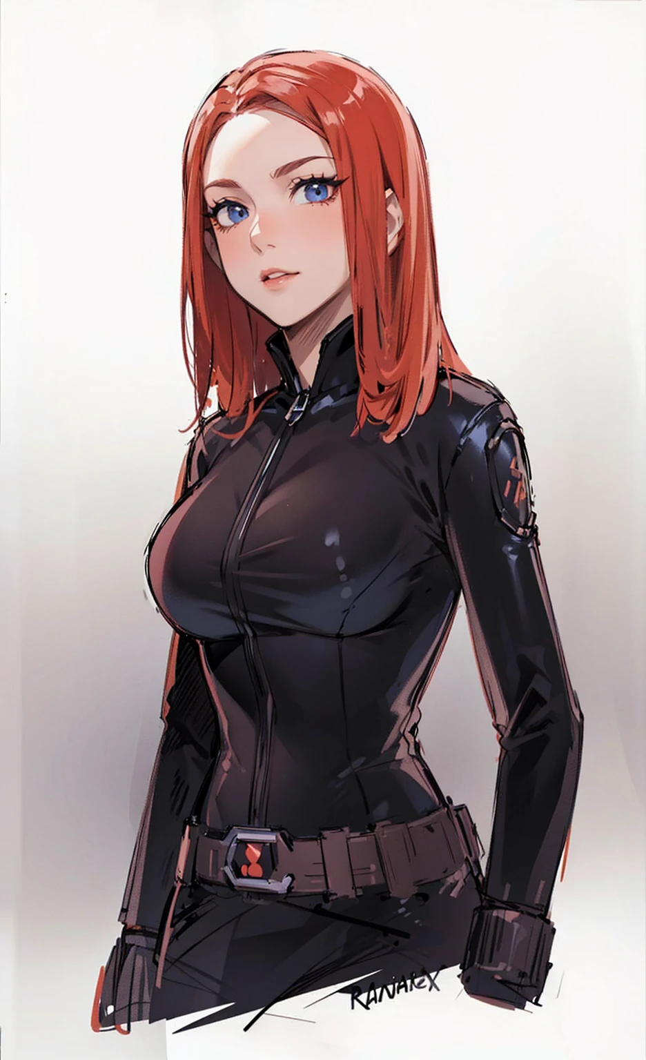The image depicts Black Widow. She is illustrated with bright red, shoulder-length hair and blue eyes, and is clad in a sleek skin-tight shiny black latex bodysuit with a black silver zipper running down the front. The suit is complemented by her shiny iron wrist guard on both wrists and a metal belt with a buckle that features a red hourglass mark. Her gaze is intent and directed off-screen, implying alertness and focus on an unseen threat or target. She appears with a cute smile on her face. The atmosphere of the image conveys confidence and resilience, characteristics synonymous with the Black Widow persona. The background of the image is an off-white color, which creates a subdued and timeless ambiance.