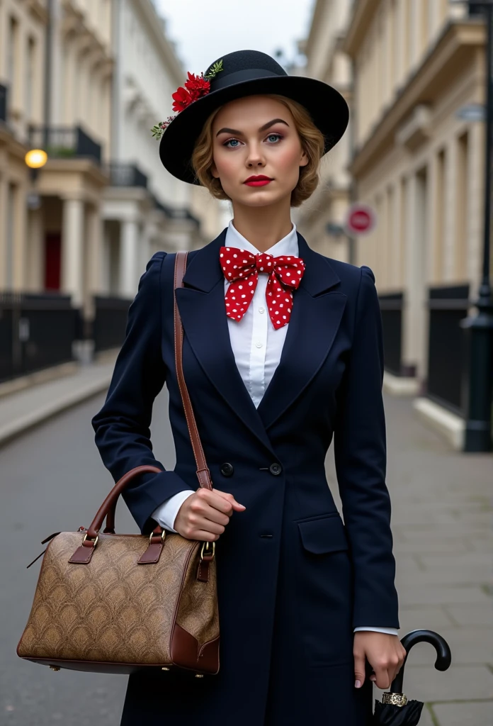 Create a realistic and sexy depiction of Nancy Ace as Mary Poppins. She is wearing a tailored navy-blue coat with a fitted waist and flared hem, buttoned neatly over a crisp white blouse with a red and white polka-dot bow tie at the collar. She holds a black umbrella with a parrot-shaped handle in one hand and an intricately patterned vintage carpet bag in muted tones in the other. Her short, wavy blonde hair is styled neatly beneath a black straw boater hat adorned with a small red flower and delicate berries. Her makeup is classic, with rosy cheeks and soft red lipstick, complementing her warm, refined look. The background is an Edwardian London street scene, softly lit to evoke a magical and nostalgic atmosphere



