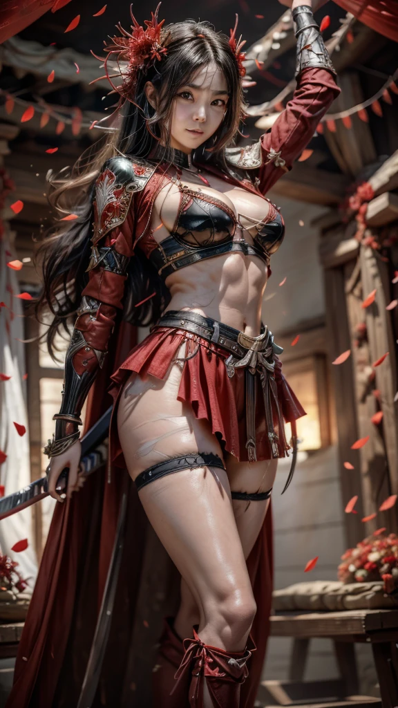  A young Japanese woman , warrior, Combat Stance, ((wielding a sword)),  very detailedな, realisti,seductive smile,  Brilliant Appearance , (from below, lower body, looking up), Creative Action,  extremely detailed, Imaginative,  sensual,  Spontaneous ,  top quality,  skin texture, absurdly long hair, wispy bangs, red hair, red eyes,  toned body, huge breasts,(big breasts:1.5), Big Breasts, (sideboob),  plump thighs, The red armor with the spider lily pattern engraved on it is bikini type and is designed to accentuate chest exposure, (underboob),  wear a red cloak with a spider lily flower pattern , garter skirt, Red shin guard with a spider lily flower engraved on it ,   red high-leg underwear ,  Black tights,   absolute domain,  Intricate Details , (historic European village at sunset),  cinematic lighting,  Dramatic lighting, ( red spider lilies in full bloom ), ( large red spider lilies in full bloom on the front), confetti,   RAW photos , 8k, masterpiece,   top quality, ultra detail , very detailed,  Intricate Details , high definition ,超 Intricate Details, very detailed 8k cg wallpaper,