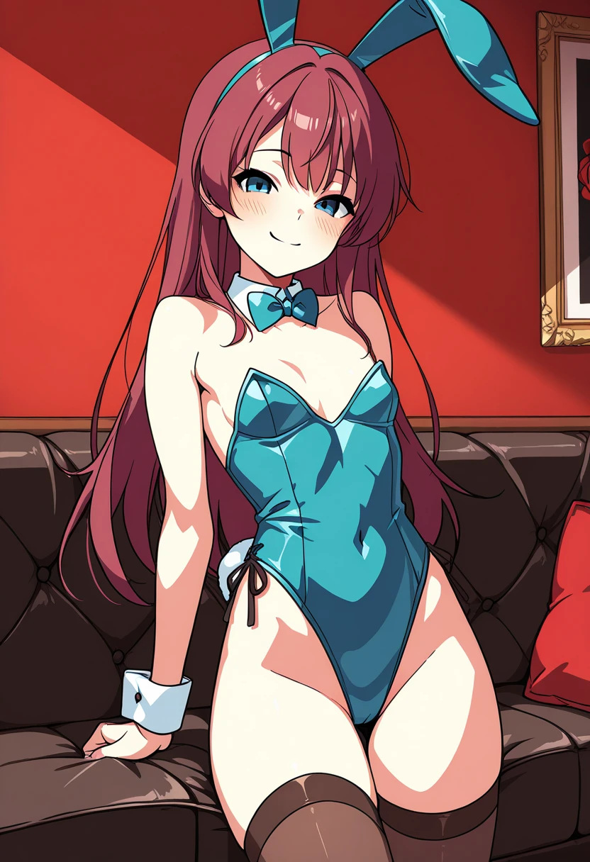 hmanga, (best quality, masterpiece:1.2), ultra detailed, (anime), 1girl, Erza Scarlet \(Fairy Tail\), bare shoulders, looking at viewer, collarbone, brown eyes, hair over one eye, red hair, long hair, demon girl, demon tail, purple bikini, micro bikini, purple gloves, string panties, purple thighhighs, standing, (looking at viewer), (front view), room, full body,
