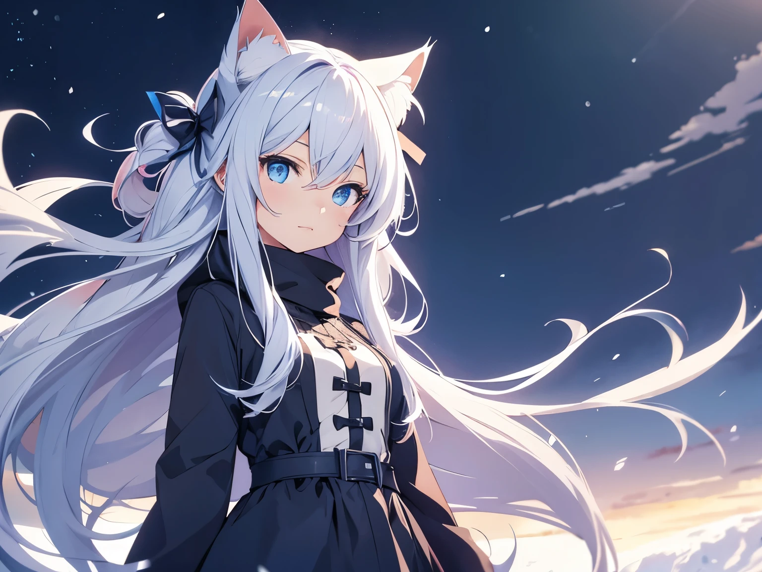 Anime girl character with flowing hair, blue eyes with cat ears and wearing a winter dress, with a background