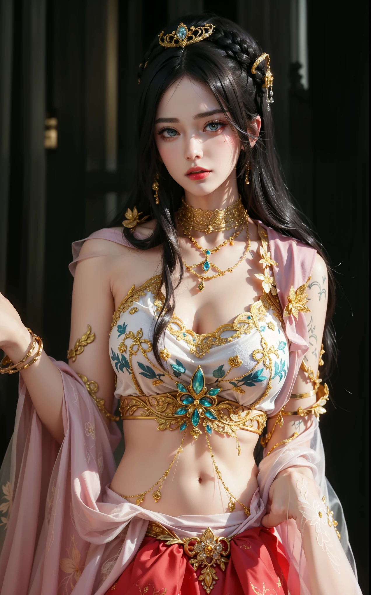 A lustful beautiful saint is fucking, showing off her topless breasts, her beautiful face is flawless, ((Natural smile:1.0)), ((flat bangs:1.2)), (((long hair)) : platinum:0.8 ))) big crown, hair brooch, hanfu skirt, fanciful hanfu style, full body jewelry, forehead tattoo, super flat chest, woman face, face makeup fine delicate, beautiful face, (((including porcelain teeth: 0.8), most beautiful and detailed light red lipstick, huge breasts, super round and balanced, (((Full and thin lips: 0.3) )), ((Yellow eye color: 1,2), Detailed and delicate lighting effects, light and dark, light impression, magical light, detailed light, true color, super sharp, realistic, quality 8k volume, fanciful cosmic background, saintess and fanciful space, the most detailed image, ((Solo:0.3)), ((holy goddess:0.6)), (( look at). straight to the body top of saintess:0.4)), upper body, ((smooth skin:0.5)), ((solo:1.3)), ((( alone girl : 1.3)), saint portrait, short photo, Full body portrait, (((open mouth:0.6))), Digital reality, ((fanky red smoke effect:1.2)),