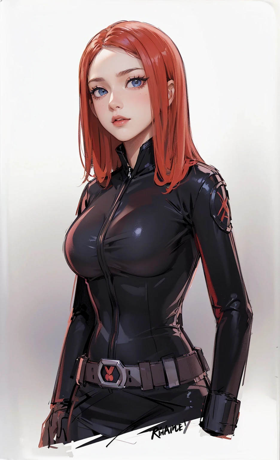 The image depicts Black Widow. She is illustrated with bright red, shoulder-length hair and blue eyes, and is clad in a sleek skin-tight shiny black latex bodysuit with a black silver zipper running down the front. The suit is complemented by her shiny iron wrist guard on both wrists and a metal belt with a buckle that features a red hourglass mark. Her gaze is intent and directed off-screen, implying alertness and focus on an unseen threat or target. She appears with a cute smile on her face. The atmosphere of the image conveys confidence and resilience, characteristics synonymous with the Black Widow persona. The background of the image is an off-white color, which creates a subdued and timeless ambiance.