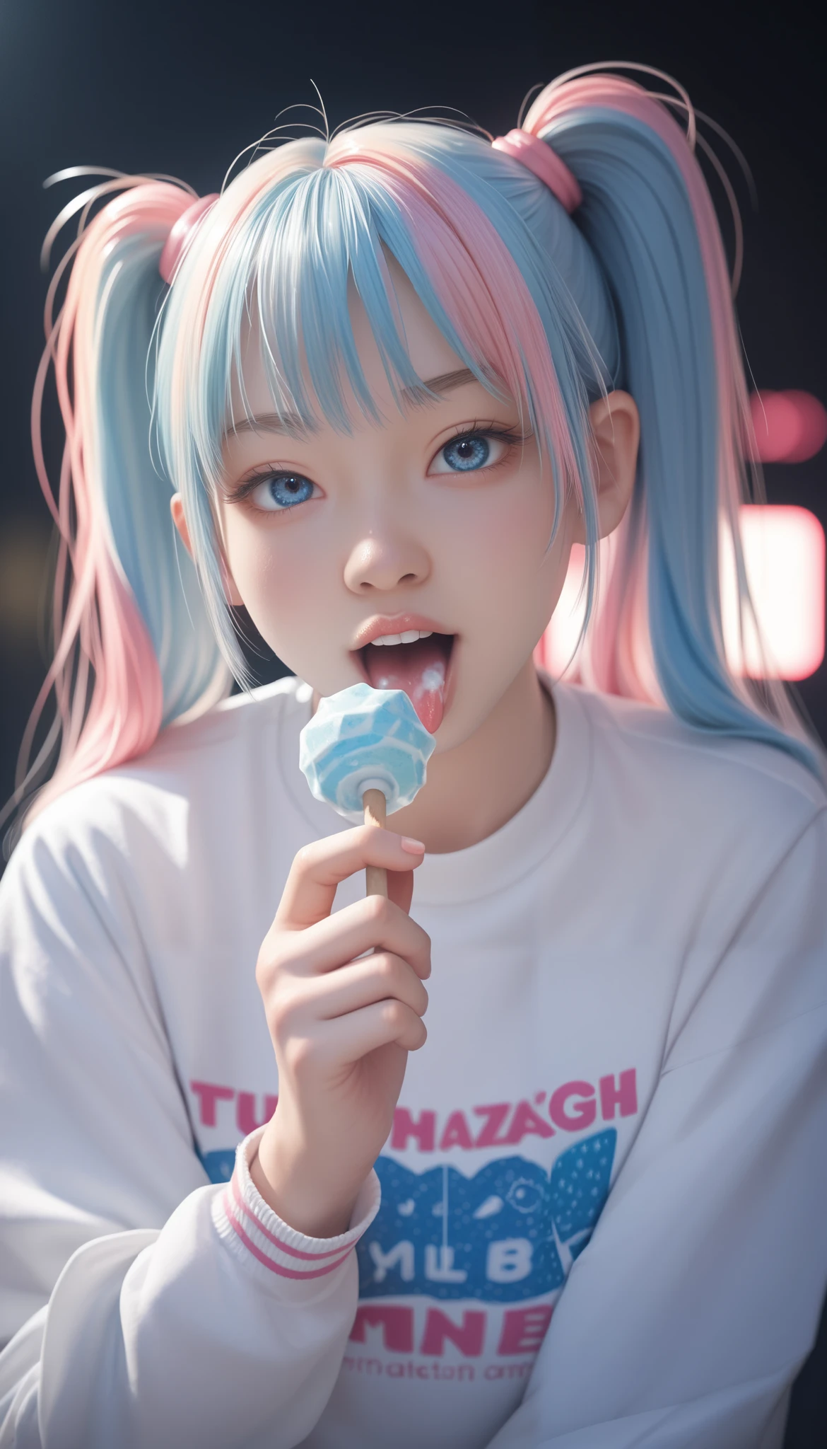 score_9_up, score_8_up, score_7_up, score_6_up, 1girl, solo, pastel colors, open mouth, middle hair, felatio , deep throat, blue ice candy, milk in mouth, milk on tongue, twintails, looking at viewer, blue eyes, pastel neon lighting, source_anime, neon, neon theme , 