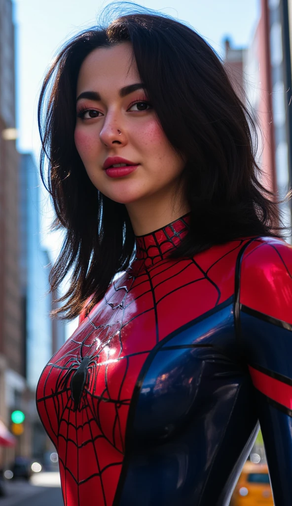 busty Hania Amir in spiderman costume, her costume is like a bodysuit, she has big breasts, (black hair), HD, remastered, HQ, 4K quality, cyberpunk cityscape, The very sexy spider gwen with her neckline outfit 