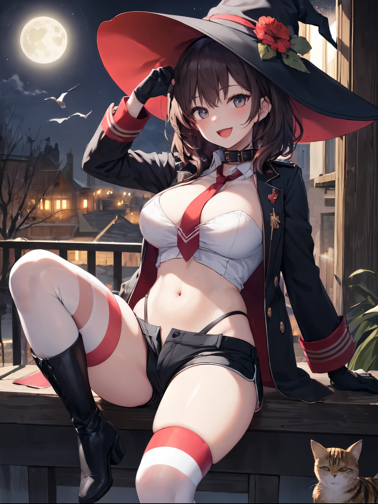 best quality, integrated scenery, integrated background, extremely delicate and beautiful, meticulous details, good composition, , cute face, perfect face, perfect hands,masterpiece, best quality,collar, witch hat, black gloves, striped_thighhighs, looking at viewer, smile, night, trees, cats, crows, moon  ,large_breasts,dark_night_town_landscape cutout, looking at viewer, big_smile , old_town,happy,(covered_nipples:0.7),young_teen,full_of_beans,brown_hair,laugh,:D,open_mouth, glower,open_legs,rise_knee,short_shorts,crotch,short_boots,happy, Hooray_posing,rise_arms,large_flower_ornaments,red_tie,closed_black_military_jacket