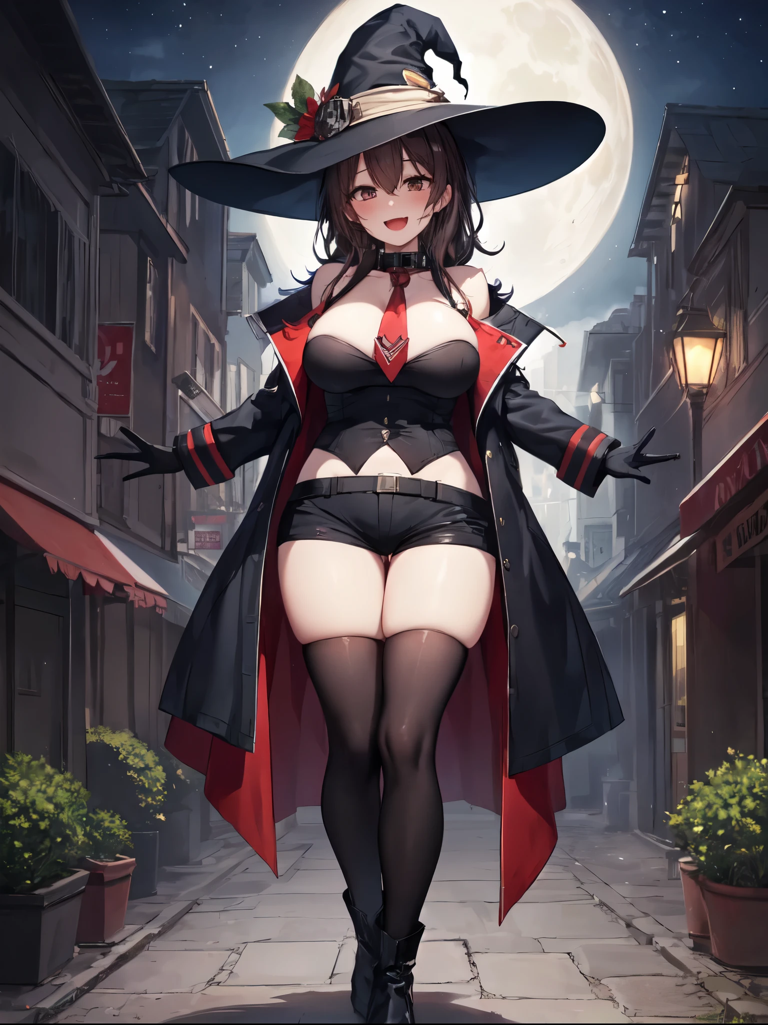 best quality, integrated scenery, integrated background, extremely delicate and beautiful, meticulous details, good composition, , cute face, perfect face, perfect hands,masterpiece, best quality,collar, witch hat, black gloves, striped_thighhighs, looking at viewer, smile, night, trees, cats, crows, moon  ,large_breasts,dark_night_town_landscape cutout, looking at viewer, big_smile , old_town,happy,(covered_nipples:0.7),young_teen,full_of_beans,brown_hair,laugh,:D,open_mouth, glower,open_legs,rise_knee,short_shorts,crotch,short_boots,happy, Hooray_posing,rise_arms,large_flower_ornaments,red_tie,closed_black_military_jacket