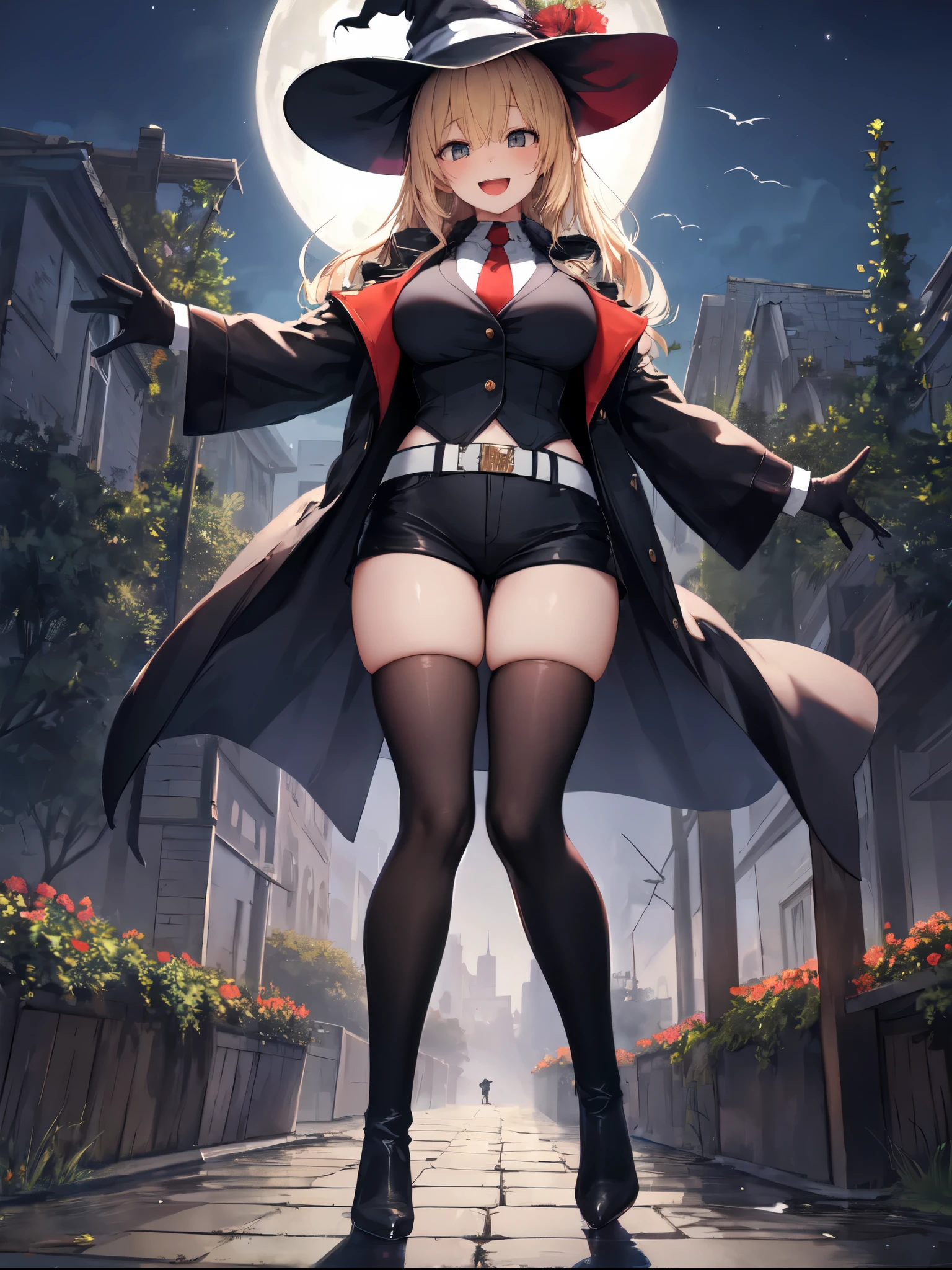 best quality, integrated scenery, integrated background, extremely delicate and beautiful, meticulous details, good composition, , cute face, perfect face, perfect hands,masterpiece, best quality, witch hat, black gloves, striped_thighhighs, looking at viewer, smile, night, trees, cats, crows, moon  ,large_breasts,dark_night_town_landscape cutout, looking at viewer, big_smile , old_town,happy,(covered_nipples:0.7),young_teen,full_of_beans,blond_hair,laugh,:D,open_mouth, glower,open_legs,rise_knee,short_shorts,crotch,short_boots,happy, Hooray_posing,rise_arms,large_flower_ornaments,red_tie,closed_black_military_jacket