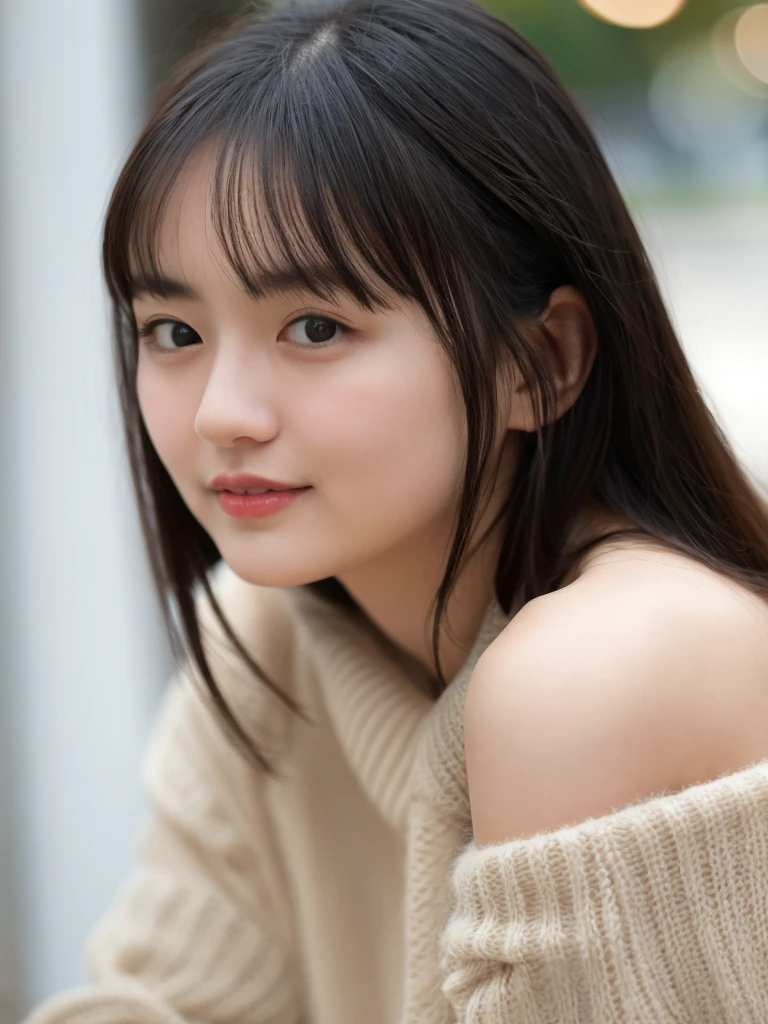 1girl, Upper Body, crisp eyebrows, bushy eyebrows, long eyelashes, Thick lips, Small lips, shy smile, straight hair with bangs, huge breast, Wearing a off shoulder sweater, masterpiece, best quality, realistic, photo-realistic:1.4, night, 8k, an extremely delicate and beautiful, RAW photo, highres, 35mm film, telephoto lens, bokeh, RAW file image, 1/2000 second, ISO100, mastering the rule of thirds, creating leading lines for depth, capturing candid moments, using a shallow depth of field, Incorporating reflections creatively, professional lighting, shooting with a wide aperture, utilizing the golden ratio in composition,