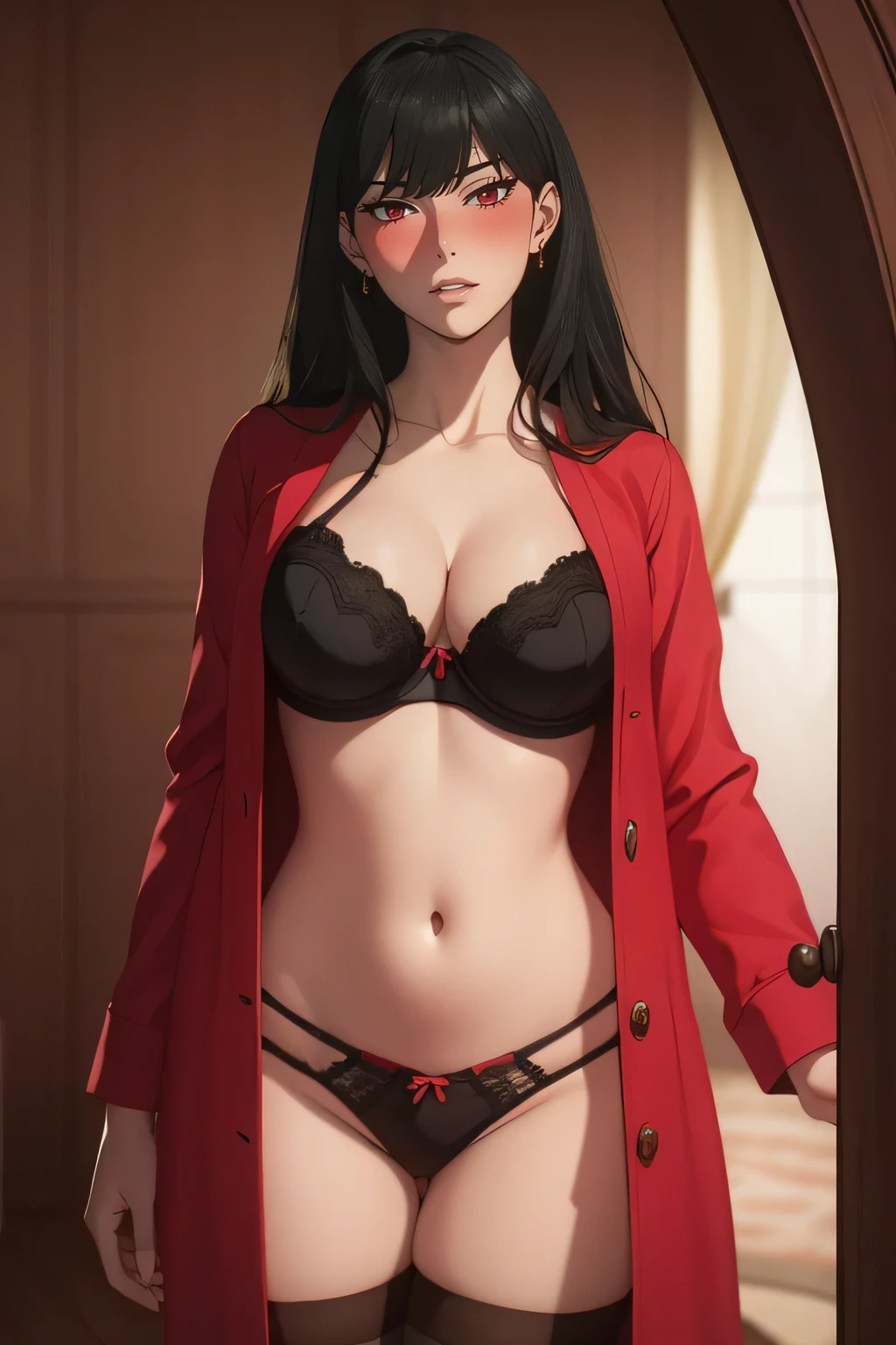 masterpiece, absurdres, yor briar, 1girl, solo,mature female, sexy lenjerie (bra and thong exposed), showing bra, looking at viewelling petals), opening her clothes, opening her robe, perfect composition, detailed lips, perfect breast, beautiful face, body propotion, blush, (perfect lips), perfect hair, red eyes, soft gaze, detailed, photoshoot, realistic face and body, thighhighs, sexy standing pose