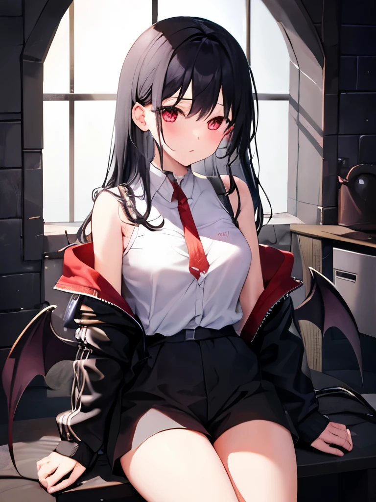  One Girl  、 black hair、Light clothing、White underwear、 shorts、Thighs、 in the middle of the night、 Dark Dungeons 、Demon King&#39;s Chair、Mid-chest、Belly button、  seen from the front、sensual clothes、 wears clothes 、 I'm in a bad mood、cool、Intimidation、devil、devilの翼