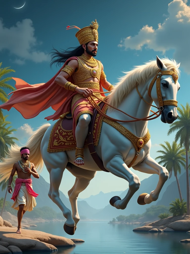 राजकुमार अर्जुन, एक सुंदर योद्धा, शाही पोशाक में, सफेद घोड़े पर सवार होकर घने जंगल से गुज़र रहा है। सूर्य की किरणें पेड़ों के बीच से छनकर रहस्यमयी वातावरण बना रही हैं।"