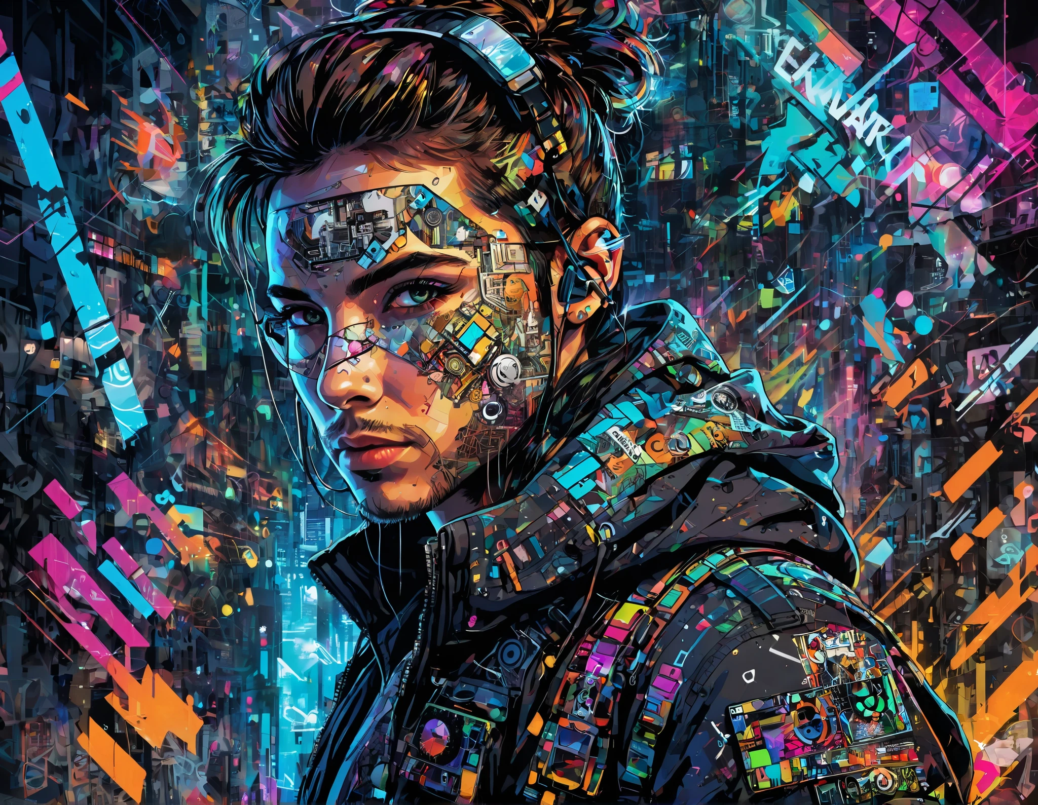 A futuristic rebel hacker, face half-lit by a screen's glow, surrounded by digital chaos, in the style of multi-layered collages, colorful graffiti-style, fragmented icons, photorealistic details, multilayered dimensions, highly detailed figures