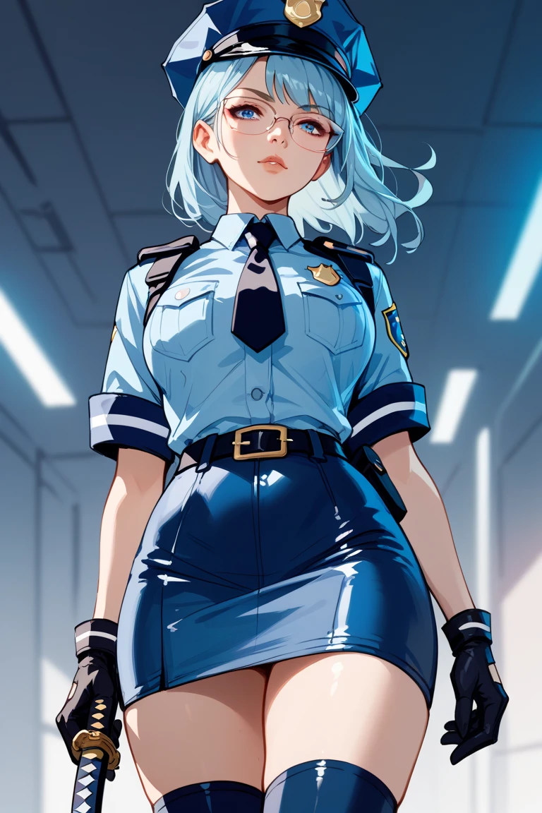 hyper muscles, (extremely detailed CG unity 4k wallpaper),(masterpiece),(best quality),(ultra-detailed),(best illustration),(best shadow),(absurdres),(Detailed background), White hair (Bobcut), Tall, pale skin, Blue eyes, Police Officer uniform (Pants, Boots, Shirt, Hat, Badge,), contemporary aesthetic, police station office background,