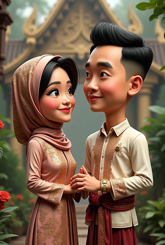 A Couple malay seated on a bench, man wearing blue outfit with gold embellishments and black headpiece, woman wearing blue outfit with floral patterns and headscarf, smiling, happy, caricature, high quality, 4k, photorealistic, detailed facial features, extremely detailed, vibrant colors, warm lighting, intricate patterns, beautiful ornate clothing, soft focus background, beautiful composition