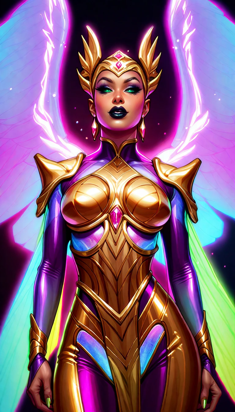 (masterpiece:1.2),(Highest quality),(Very detailed:1.2),(Ultra-high resolution),(Realistic),(RAW Photos:1.4),8K,wallpaper,Perfect Anatomy,1 female,Full Body Shot,Mature Woman,blonde,ponytail,((Big Breasts)),(((Thick thighs))),((Woman in a very shiny latex Samus Zero suit)),(Samus Aran),(Colorful digital art),(3D neon art of female body),(A colorful aura emanating from the body),Psychic Trance Artwork,Space and Dimension Warrior,Portrait of the Goddess,fantasy digital art,Cosmic aura,universe space,(((Cowboy Shot))),(((hand)))