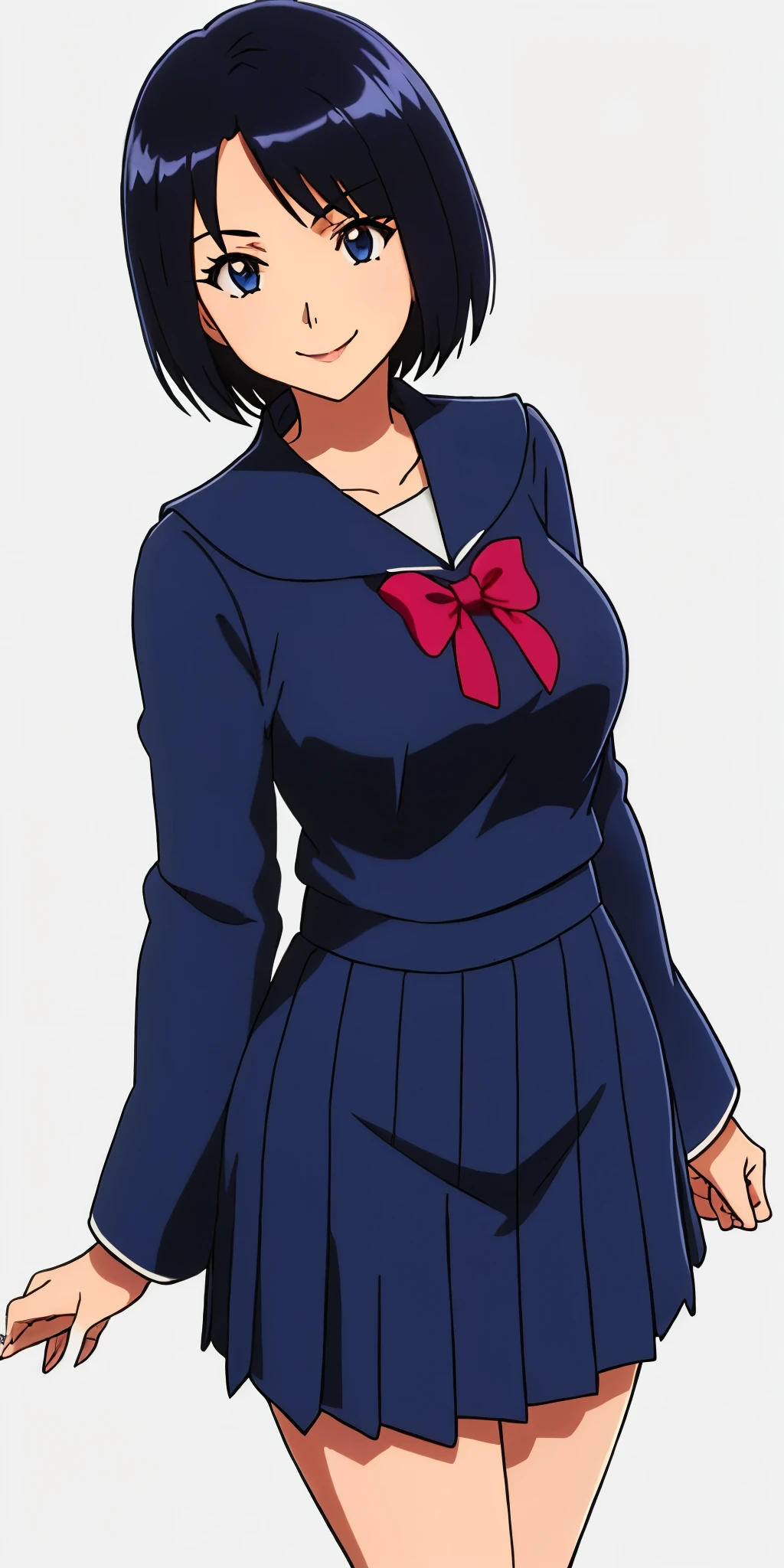 Young woman drawn in 80’s anime art style. 
Retro anime. Vintage Anime. Classical Anime. 
Black HAIR
Hime Cut Hair
(Round and Circle eyes)
(Blue eyes)
(Medium Sized Eyebrows)
(Light Tan Woman)
(Medium Breast)
Seductive Smile

She is wearing a sailor fuku (セーラー服, sērā fuku, sailor outfit) is a common style of uniform worn by women, traditionally by high school female students. 

The uniform generally consists of a blouse attached with a navy blue sailor-style collar and a dark navy blue blouse. The length of the long pleated skirt goes down to her ankle.

A ribbon is tied in the front and laced through a loop attached to the blouse. The color is the ribbon is typically red.

(Dark Navy Blue Sailor Shirt)
(Dark Navy Pleated Skirt)

(Solo)
Location: High School 