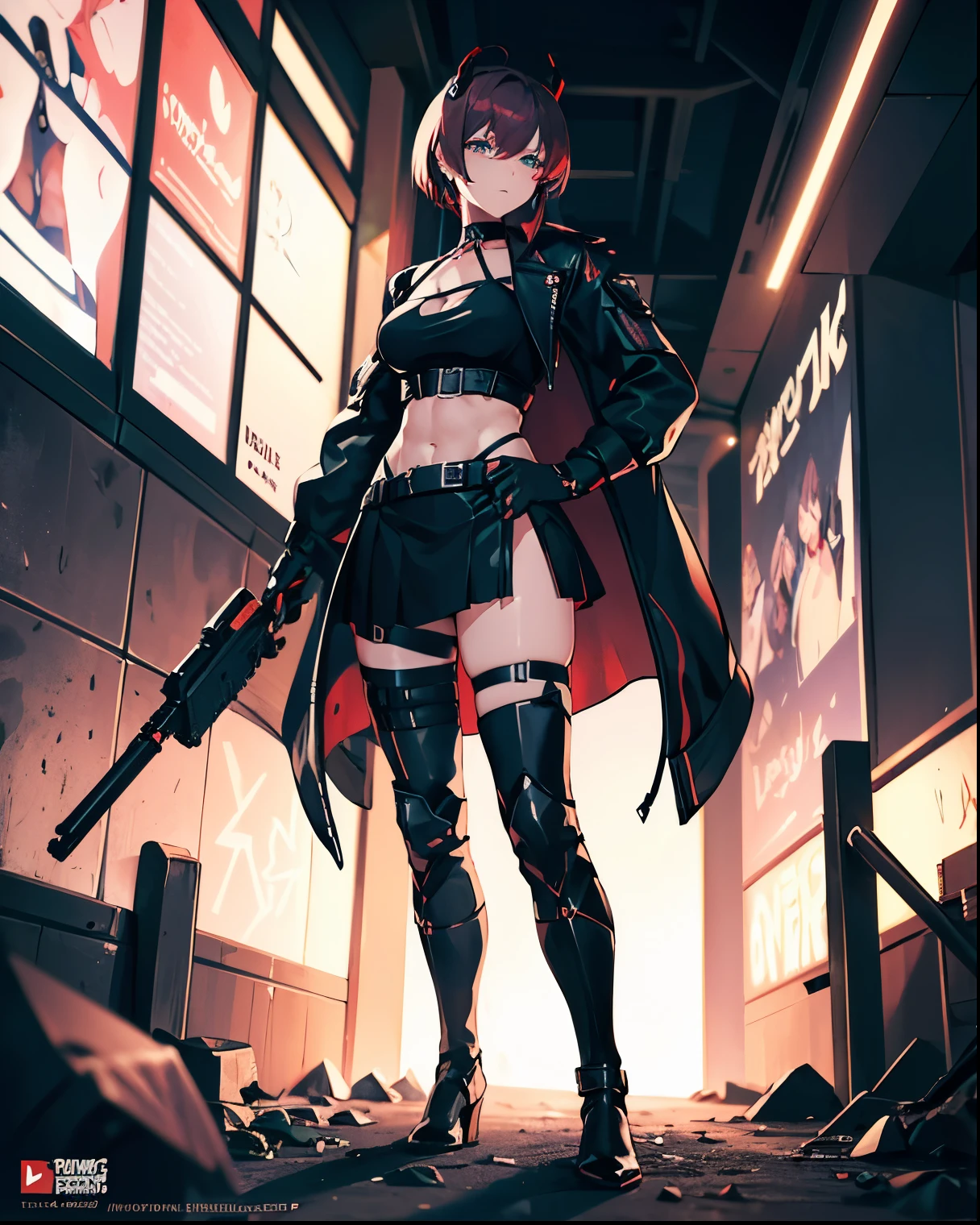 -PdetailP60,1girl, good legs, good thighs, athletic abbs,(((standing))),(((villain pose))),((supremacy attitude)),blonde hair,gradient hair,pink hair,short hair,ahoge,arrogant,aqua eyes,green eyes,villain attitude,White skin,embellished light leather,thigh strap,boots,embellished clothing,armored boots,large skirt, (((using a earclip))),choker, using a elegant earclip, add clothes ornaments,fingerless gloves,leg belt,Forest Background, medium shot,Black,Green,Gray,Brown,forest,Leather Armor,Magic Robe,View from behind,animoff, ((red camouflage)), ((1girl)), black ops, tactical maid, tactical clothes red camouflage, (tactical) black light vest, black tactical light equipment, Tactical boots, tactical straps, black tactical fingerless gloves, black tactical harness, maid battle, black tactical thigh belt, anime maid, black tactical joint protections, black Knee Pads and Elbow Pads Tactical Protection, full body view, athletic body, black military straps, red camouflage uniform, red camouflage maid clothes, maid red camouflage dress, red command, black accesories, masterpiece, best quality, Attention to detail, girl full atletic body, red hair, elegant hairstyle, with red military camouflage pants, tomboy attitude, ((combat pose)), (((standing pose])), communications diadem, mesh flannel red military jacket shooting, military goggles over the hellmet, sophisticated attitude, intintimidating, tactical straps, exposed abs, back perspective, special assault unit, official art, unity 8k wallpaper, ultra detailed, beautiful and aesthetic, beautiful, masterpiece, best quality, attractive, pretty, hd quality, aesthetic