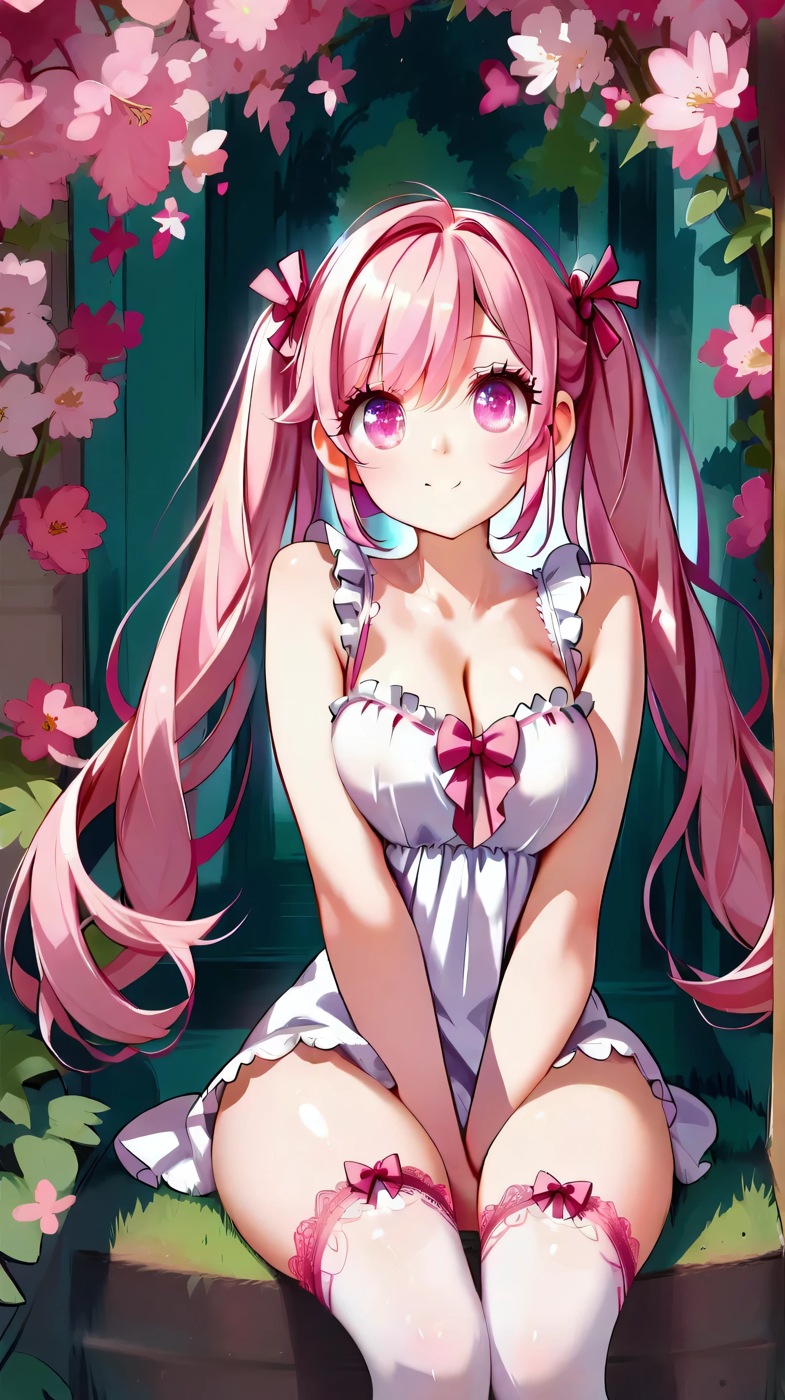 cute girl, big breasts, big expressive eyes, cute face, soft skin, pink hair, pigtails, pink lace lingerie, bows, thigh highs, straight on, facing viewer,