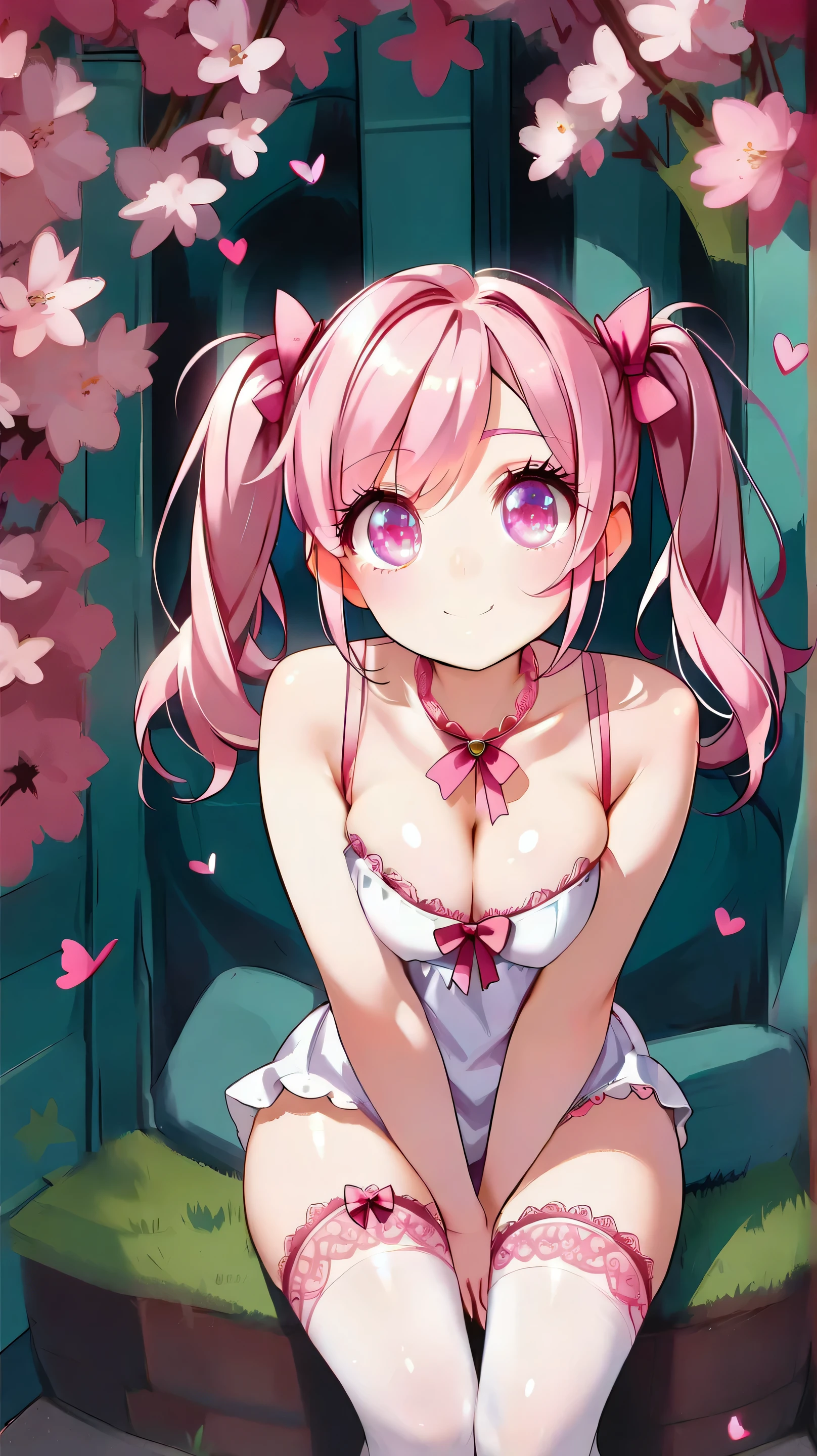 cute girl, big breasts, big expressive eyes, cute face, soft skin, pink hair, pigtails, pink lace lingerie, bows, thigh highs, straight on, facing viewer,
