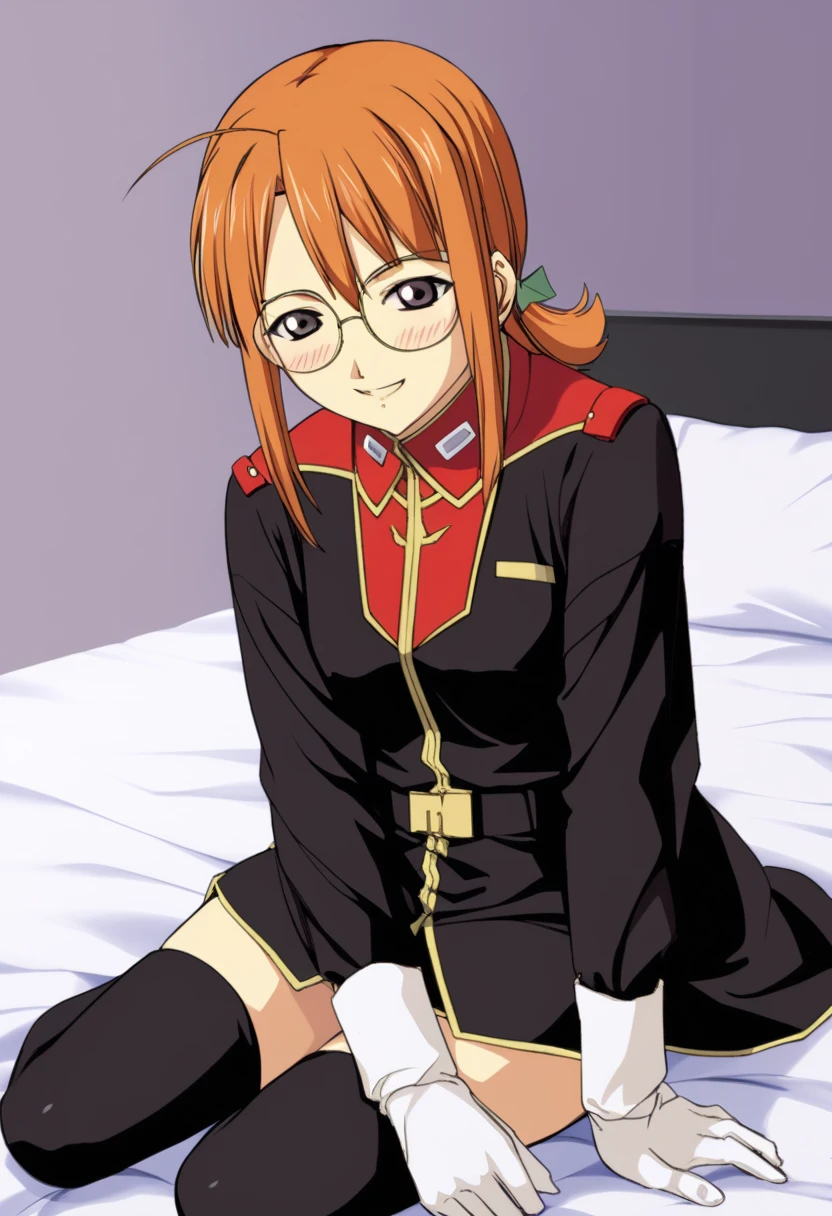 score_9、 score_8_up、 score_7_up、{{{{  titan costume  }}}}、uniform、  Long Sleeve  、、 black thigh high socks、Knee Boots、 1 girl、Chisame 、 、 orange hair、 side lock、 dark eyes、 ponytail、ロー ponytail、Round Glasses、 long hair on background、 bed in blackroom、  closet in the castle room 、 hanger、 bed in black、 bed in blackに横たわる、blush、happiness、,  sensual、 Charming,smile