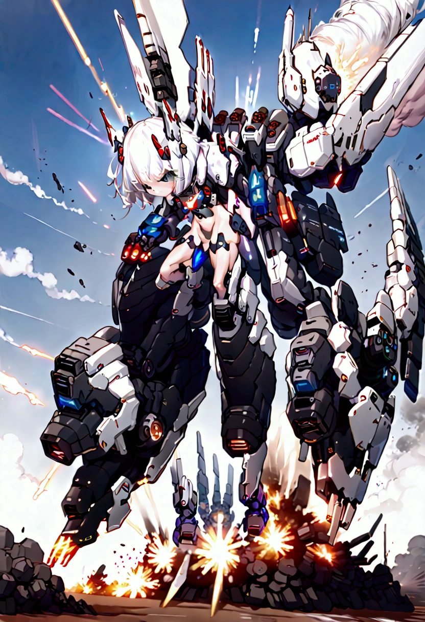 (((Mecha Musume))) ((Small stature white haired naked girl Wearing oversized limbs power suit)) ((oversized mecha boots and gloves)) battlefield amidst attacks, explosions around, battle stances, exaggerated fighting motion capture, fast movement bipedal running high speed. Laser blade fingers. 