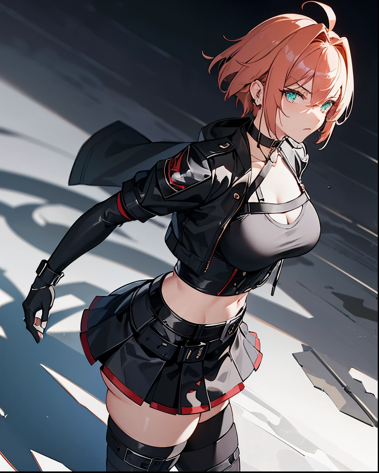 -PdetailP60,1girl, good legs, good thighs, athletic abbs,(((standing))),(((villain pose))),((supremacy attitude)),blonde hair,gradient hair,pink hair,short hair,ahoge,arrogant,aqua eyes,green eyes,villain attitude,White skin,embellished light leather,thigh strap,boots,embellished clothing,armored boots,large skirt, (((using a earclip))),choker, using a elegant earclip, add clothes ornaments,fingerless gloves,leg belt,Forest Background, medium shot,Black,Knee-length skirt,Gray,Brown,forest,Leather Armor,Magic robe,View from behind,animoff, (((red camouflage))), ((1girl)), black ops, tactical maid, tactical clothes red camouflage, (tactical) black light vest, black tactical light equipment, Tactical boots, tactical straps, black tactical fingerless gloves, black tactical harness, maid battle, black tactical thigh belt, anime maid, black tactical joint protections, black Knee Pads and Elbow Pads Tactical Protection, full body view, athletic body, black military straps, red camouflage uniform, red camouflage maid clothes, maid red camouflage dress, red command, black accesories, masterpiece, best quality, Attention to detail, girl full atletic body, red hair, elegant hairstyle, with red military camouflage pants, tomboy attitude, ((combat pose)), (((standing pose])), communications diadem, mesh flannel red military jacket shooting, military goggles over the hellmet, sophisticated attitude, intintimidating, tactical straps, exposed abs, back perspective, special assault unit, official art, unity 8k wallpaper, ultra detailed, beautiful and aesthetic, beautiful, masterpiece, best quality, attractive, pretty, hd quality, aesthetic