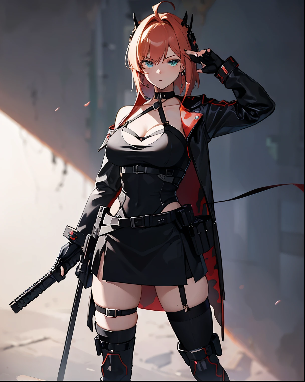 -PdetailP60,1girl, good legs, good thighs, athletic abbs,(((standing))),(((villain pose))),((supremacy attitude)),blonde hair,gradient hair,pink hair,short hair,ahoge,arrogant,aqua eyes,green eyes,villain attitude,White skin,embellished light leather,thigh strap,boots,embellished clothing,armored boots,large skirt, (((using a earclip))),choker, using a elegant earclip, add clothes ornaments,fingerless gloves,leg belt,Forest Background, medium shot,Black,Knee-length skirt,Gray,Brown,forest,Leather Armor,Magic robe,View from behind,animoff, (((red camouflage))), ((1girl)), black ops, tactical maid, tactical clothes red camouflage, (tactical) black light vest, black tactical light equipment, Tactical boots, tactical straps, black tactical fingerless gloves, black tactical harness, maid battle, black tactical thigh belt, anime maid, black tactical joint protections, black Knee Pads and Elbow Pads Tactical Protection, full body view, athletic body, black military straps, red camouflage uniform, red camouflage maid clothes, maid red camouflage dress, red command, black accesories, masterpiece, best quality, Attention to detail, girl full atletic body, red hair, elegant hairstyle, with red military camouflage pants, tomboy attitude, ((combat pose)), (((standing pose])), communications diadem, mesh flannel red military jacket shooting, military goggles over the hellmet, sophisticated attitude, intintimidating, tactical straps, exposed abs, back perspective, special assault unit, official art, unity 8k wallpaper, ultra detailed, beautiful and aesthetic, beautiful, masterpiece, best quality, attractive, pretty, hd quality, aesthetic