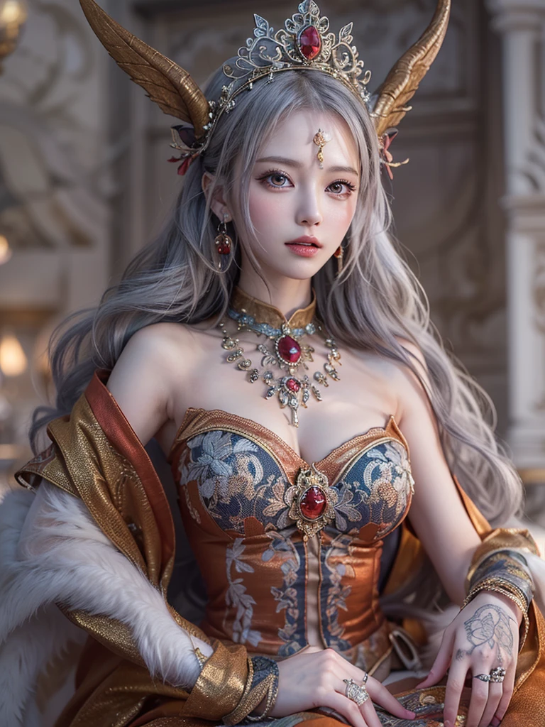 (Fight fiercely with dragons)、top-quality、masterpiece、超A high resolution、(White Dragon Armor)、(((Colossal tits))),dragon armor、(Wearing a beautiful crown made of jewels),(Photorealsitic:1.4)、Raw photo、女の子1人、Golden hair、glowy skin、(((Chinese Dragon)))、(Gorgeous Jewelry Necklaces)、(Mystical expression)、(Fight big dragons)、With a beautiful knife、(White Metal Bikini)、(beautiful forest background)、Precipitous cliffs in the blue sky、(Small LED)、((super realistic details))、portlate、globalillumination、Shadow、octan render、(Huge ruins)、8K、ultrasharp、Colossal tits、Raw skin is exposed in cleavage、metals、Details of complex ornaments、Japan details、highly intricate detail、Realistic light、CGSoation Trends、Blue eyes、radiant eyes、Facing the camera、neon details、(Mechanical limbs)、(blood vessels connected to tubes)、Mechanical vertebrae attached to the back、mechanical cervical attaching to neck、(Wires and cables connecting to the head)、Gundam、Small LED、,Mechanical thighs、Toostock、(Full Body Angle)、(veils)、(((Heavy Big))),