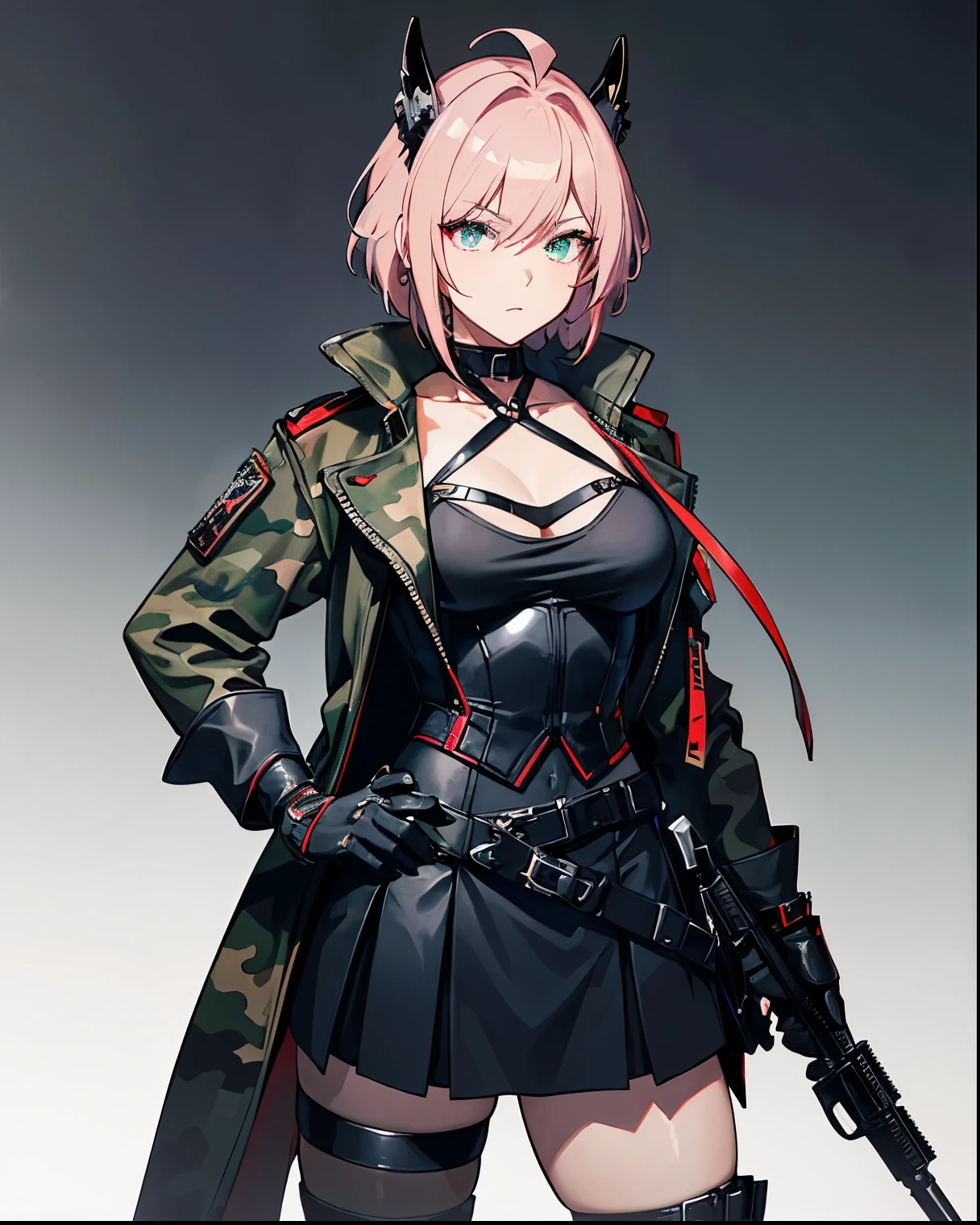-PdetailP60,1girl, good legs, good thighs, athletic abbs,(((standing))),(((villain pose))),((supremacy attitude)),blonde hair,gradient hair,pink hair,short hair,ahoge,arrogant,aqua eyes,green eyes,villain attitude,White skin,embellished light leather,thigh strap,boots,embellished clothing,armored boots,large skirt, (((using a earclip))),choker, using a elegant earclip, add clothes ornaments,fingerless gloves,leg belt,Forest Background, medium shot,Black,Knee-length skirt,Gray,Brown,forest,Leather Armor,Magic robe,View from behind,animoff, (((red camouflage))), ((1girl)), black ops, tactical maid, tactical clothes red camouflage, (tactical) black light vest, black tactical light equipment, Tactical boots, tactical straps, black tactical fingerless gloves, black tactical harness, maid battle, black tactical thigh belt, anime maid, black tactical joint protections, black Knee Pads and Elbow Pads Tactical Protection, full body view, athletic body, black military straps, red camouflage uniform, red camouflage maid clothes, maid red camouflage dress, red command, black accesories, masterpiece, best quality, Attention to detail, girl full atletic body, red hair, elegant hairstyle, with red military camouflage pants, tomboy attitude, ((combat pose)), (((standing pose])), communications diadem, mesh flannel red military jacket shooting, military goggles over the hellmet, sophisticated attitude, intintimidating, tactical straps, exposed abs, back perspective, special assault unit, official art, unity 8k wallpaper, ultra detailed, beautiful and aesthetic, beautiful, masterpiece, best quality, attractive, pretty, hd quality, aesthetic