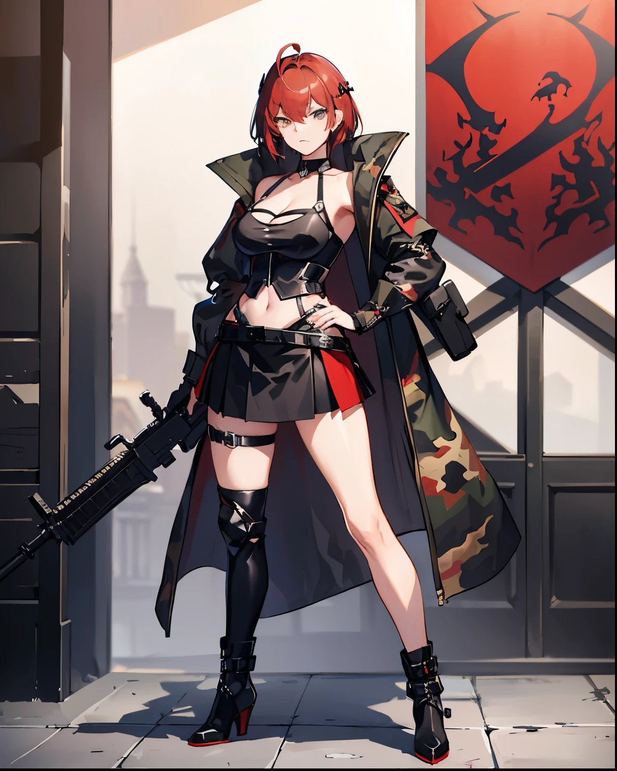 -PdetailP60,1girl, good legs, good thighs, athletic abbs,(((standing))),(((villain pose))),((supremacy attitude)),blonde hair,gradient hair,pink hair,short hair,ahoge,arrogant,aqua eyes,green eyes,villain attitude,White skin,embellished light leather,thigh strap,boots,embellished clothing,armored boots,large skirt, (((using a earclip))),choker, using a elegant earclip, add clothes ornaments,fingerless gloves,leg belt,Forest Background, medium shot,Black,((((Knee-length skirt)))),Gray,Brown,forest,Leather Armor,Magic robe,View from behind,animoff, ((((red camouflage)))), ((1girl)), black ops, tactical maid, tactical clothes red camouflage, (tactical) black light vest, black tactical light equipment, Tactical boots, tactical straps, black tactical fingerless gloves, black tactical harness, maid battle, black tactical thigh belt, anime maid, black tactical joint protections, black Knee Pads and Elbow Pads Tactical Protection, ((full body view)), athletic body, black military straps, red camouflage uniform, red camouflage maid clothes, maid red camouflage dress, red command, black accesories, masterpiece, best quality, Attention to detail, girl full atletic body, red hair, elegant hairstyle, with red military camouflage pants, tomboy attitude, ((combat pose)), (((standing pose])), communications diadem, mesh flannel red military jacket shooting, military goggles over the hellmet, sophisticated attitude, intintimidating, tactical straps, exposed abs, back perspective, special assault unit, official art, unity 8k wallpaper, ultra detailed, beautiful and aesthetic, beautiful, masterpiece, best quality, attractive, pretty, hd quality, aesthetic