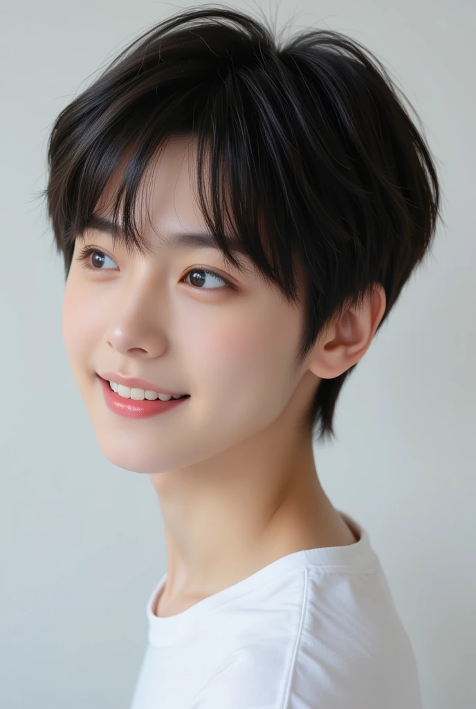 handsome mix korean japanese ten year old, boy, short black hair, black detailed eyes, gentle smile, sharp eyebrows, round face, cool, detailed face, small nose, in singlet, staring at the left side