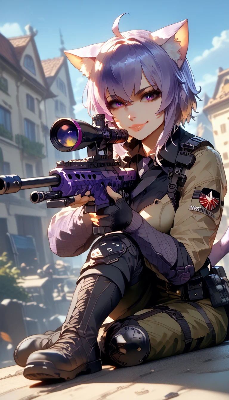 ultra-detailed, 1girl, okayu_casual, ((masterpiece)), (best quality), (highres), 16K, ahoge, cat tail, purple hair, tactical clothes, tactical belt, knee pads, boots, black panties, (holding Sniper Rifle), busty body, large breasts and a beautiful ass, showcasing cleavage, legs, hips, looking at viewer, smile, detailed face, detailed hair, detailed full body, rooftop background