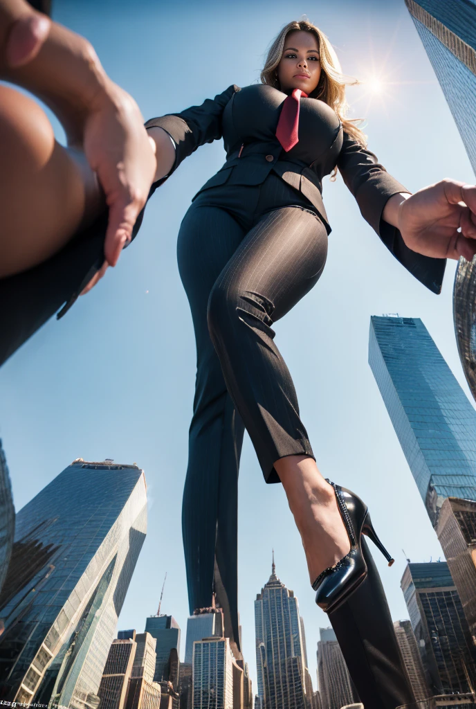 Giantess art, 100 miles tall giga giantess, sophisticated and stylish woman in a light black italian pinstriped trouser suit, form fitting crisp white office shirt, and a large wide red necktie in a windsor knot, with a beautiful, curvaceous figure, large natural breasts, and long wavey blonde hair, with a curvaceous figure and massive breasts. wearing red rounded court high heels with uncovered feet and standing, rampage-like pose, with a cityscape background of mega-city, urban sprawl, and small towns, partially obscured by a hazy, cloudy atmosphere. The image is a high-resolution, masterpiece-quality, cinematic, ultra-detailed, and hyper-photorealistic photograph, with perfect hands, face, and lighting. ultra-detailed, 8K, photo-realistic, hyper-realistic, masterpiece, intricate details, full body view. Looking at camera, The image is a high-resolution, masterpiece-quality, cinematic, ultra-detailed, and hyper-photorealistic photograph, with perfect hands, face, and lighting. ultra-detailed, 8K, photo-realistic, hyper-realistic, masterpiece, intricate details, full body view, view from below