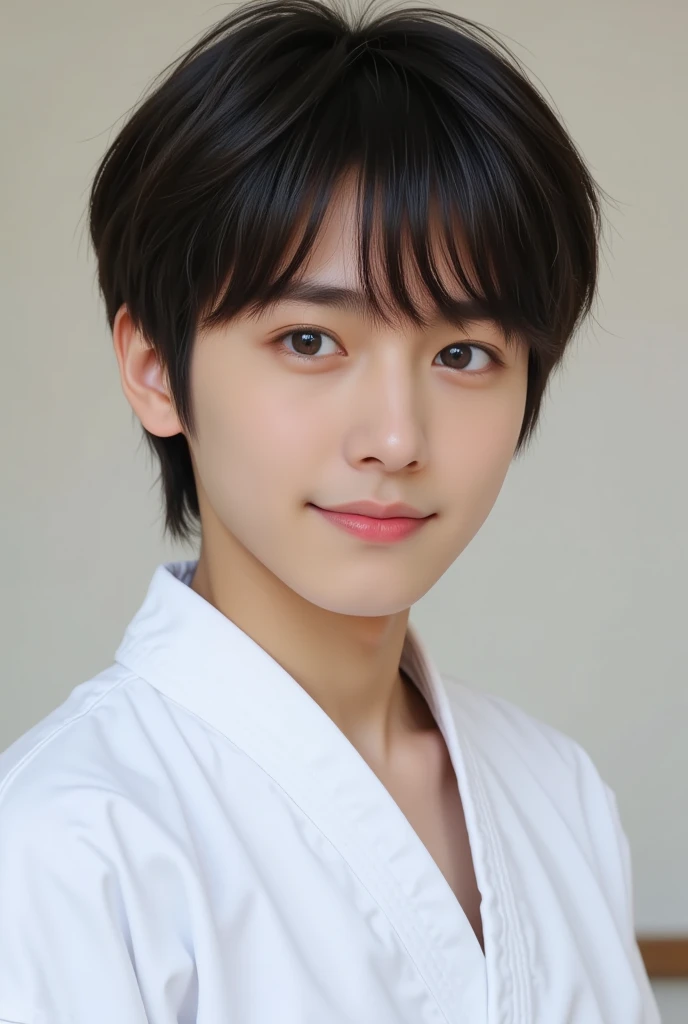 handsome mix korean japanese ten year old, boy, short black hair, black detailed eyes, gentle smile, sharp eyebrows, round face, cool, detailed face, small nose, in karate gi, staring at the left side, ready to fight the oponent on the left